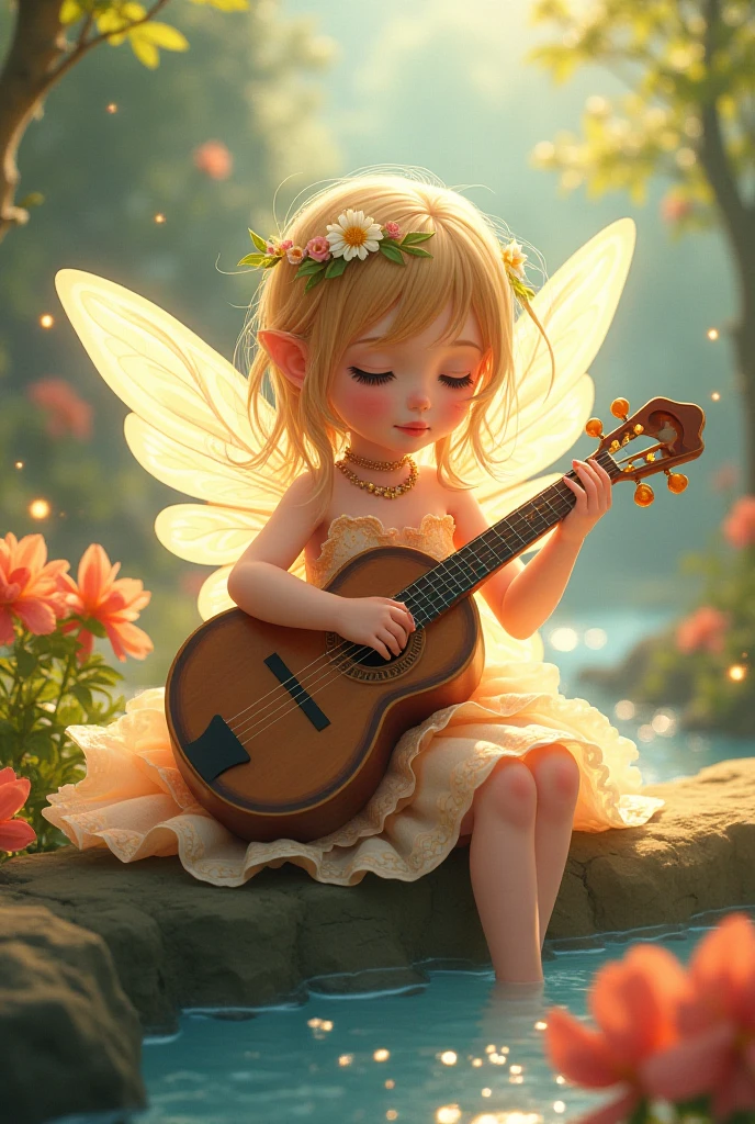 young little guitarist, classical guitar, Sitting on stage, in the spotlight. Very inspirational. fairy. Illustration in the style of Jean Baptiste Monge