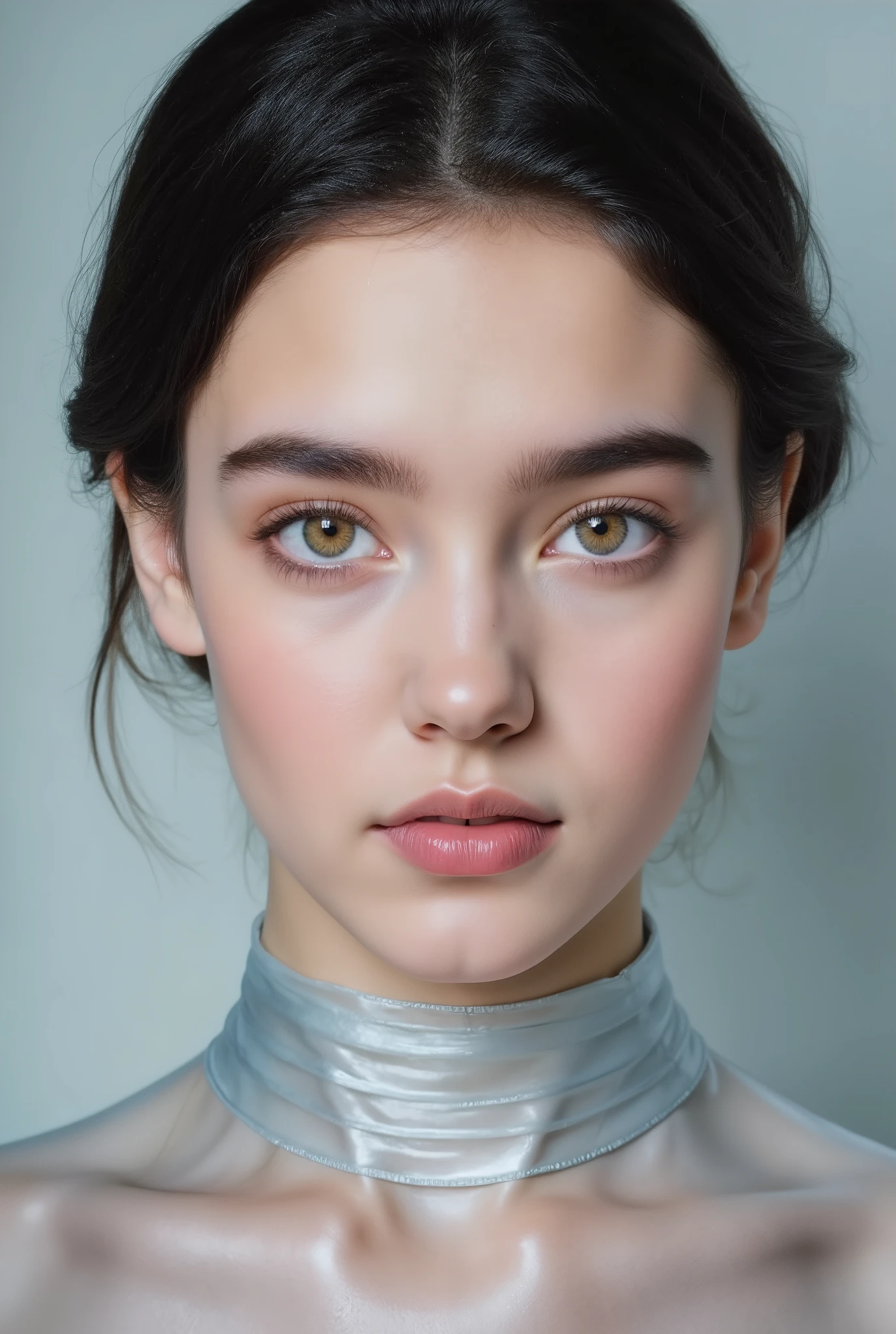  surreal portrait painting，Dynamic and beautiful，Frontal close-up ， transparent skin ， immaculate skin ，Brown pupils，银色金属质Feeling，Metallic Fluid Costumes ，Liquid Metal，水银质Feeling，Exquisite clothing，High and cold，Holiness，sacred， clean and simple background ，Cyber Style，未来Feeling，Stream of consciousness，hazy，Science Fiction，玻璃质Feeling，瓷制Feeling， surrealism ，Feeling，银色金属质Feeling，Low saturation，氛围Feeling， masterpiece，Minimalist style，Dark fairy tale ，weird，Dream Core，advanced，hazy美，Bright，光Feeling， Matte Texture Painting ， Silver Leaf Rock Color ， silver rock paint ，笔触Feeling，肌理Feeling 