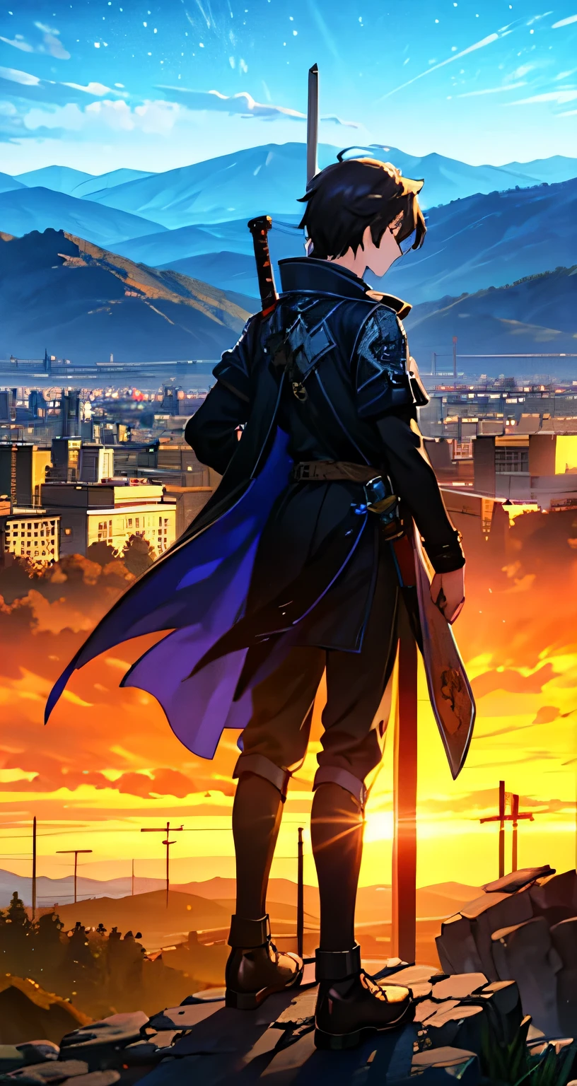 A masterpiece, best quality photo , 8K, extremely detailed , illustration,1 man alone, fantastic outfits, black shoes, Hands fall naturally , open large unadorned black that reaches the feet, on the top of a mountain looking at the city, sunny day, two medium swords on the back in their sheaves , centered on men , turning his back on the spectator, perfect anatomy, with great detail on the swords , all black clothes, a person