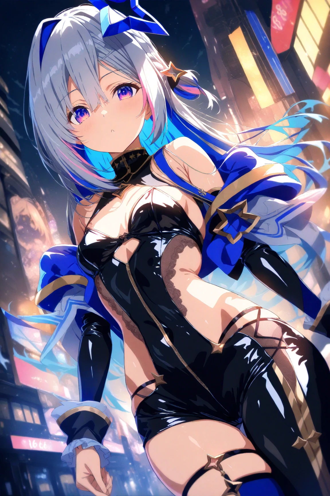 hetero couple, (cityscape:1.5), (NSFW, topless bare small middle boobies, uncensored bare pussy:1.6), (Face of love, I'm so happy:1.5), (cyborg girl:1.5), low , dynamic angle, stylish free pose, (headphone, mechanical fuselage, mechanical clothing), looking at the viewer, (hime cut, long hair:1.5), (blue mini skirt:1.5), plastic corset, Beautiful light effect, glowing skin, (removable long sleeves, very wide sleeve:1.5), (caution decal, corporate logotype:1.2), (small open mouth:1),