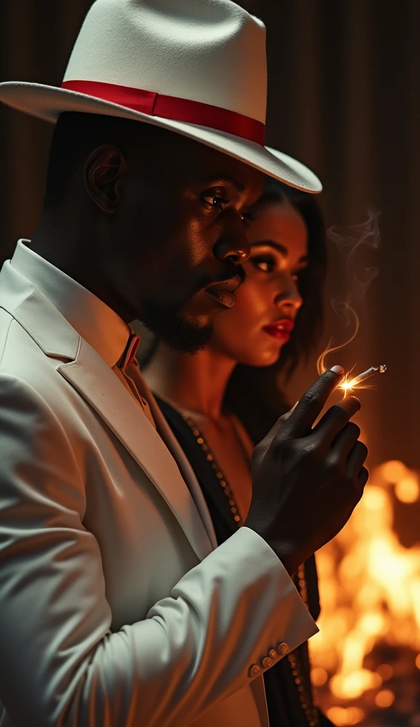 (photorealism:1.2), Entity Zé Pelintra do Morro, naughty man, black skin, black eyes, black hair,
Hair style: Very short, red suit, black tie, chain, gold bracelets and rings, White Panama Hat with Red Stripe, drinking beer, smoking cigar.
together with Maria Preta do Cais, a roguish woman, black with long black hair, black and white checkered Panama hat with a red strip, with luxurious gold jewelry, in white and red clothes, smoking cigarettes, drinking whiskey, with a sexy smile.
Next to them is a street hustler in a black suit, short hair, black hair, a red tie and a white Panama hat with a black stripe.
Inside the cabaret, with gold coins, playing cards, dice, and candles on the table, Full body image.
