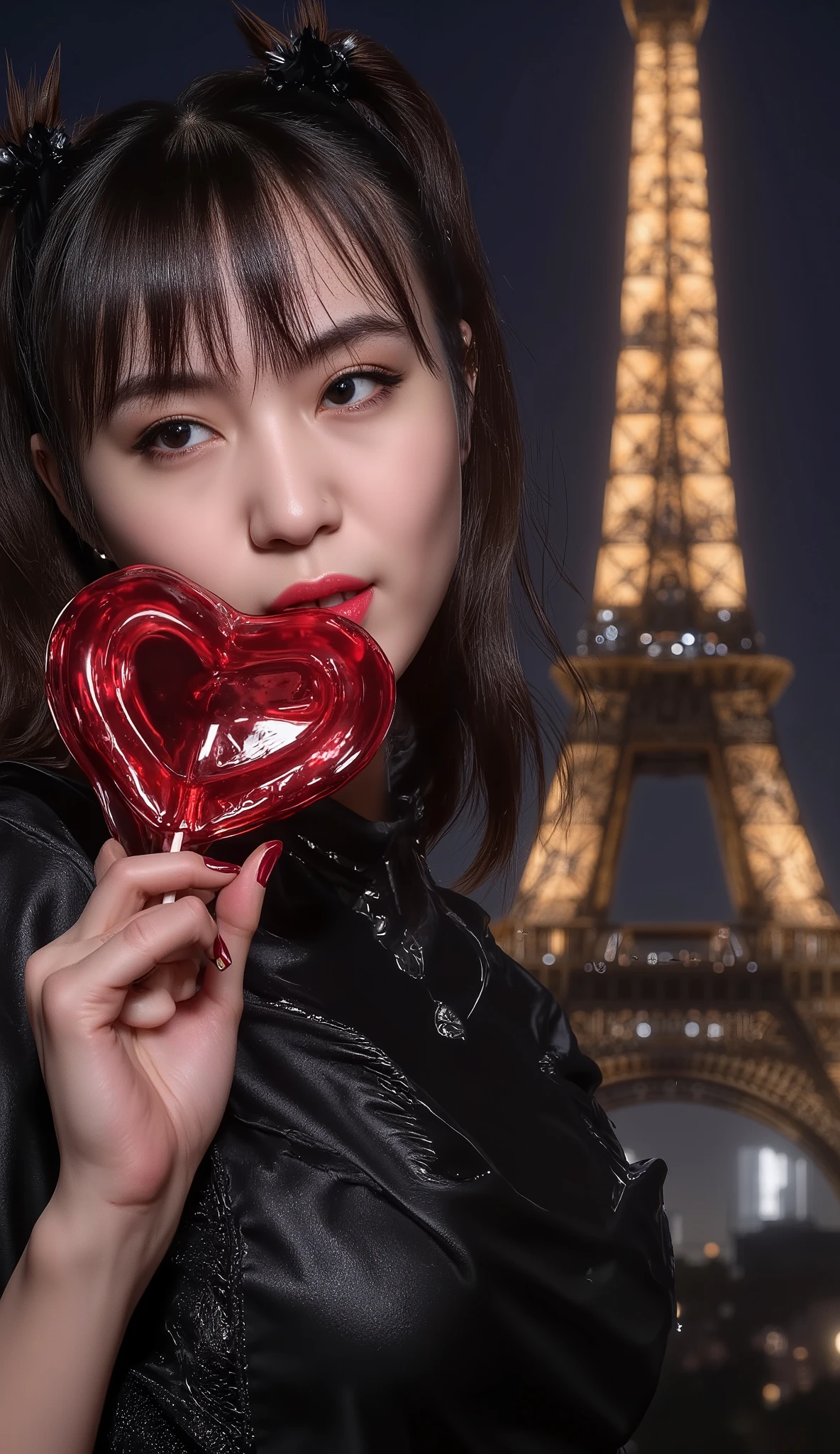 photorealistic image of a women, ultrarealistic, Photography, women, hourglass figure, perfect body, flirtatious look, big breasts, blurred background, (((she grab with her hand))) a big red heart-shaped sugar glossy semi translucent lollipop close to her mouth, lips with bright, glossy, vibrant red lipstick. Lips are slightly parted, with a playful, slightly mischievous expression as biting the lollipop, teeth visible, seductive look, (((sexy SMILE))), seductive, long eyelashes, cat eye makeup, please keep the exact and precise facial and hair details of the selected LoRA, keep the LoRA iconic hairstyle, set the scenario in Paris, behind her should be the iconic eiffel tower at midnight, FITTED BLACK DRESS, the camera angle should find the best spot to take the photo,the same hairstyle she used in her band babymetal