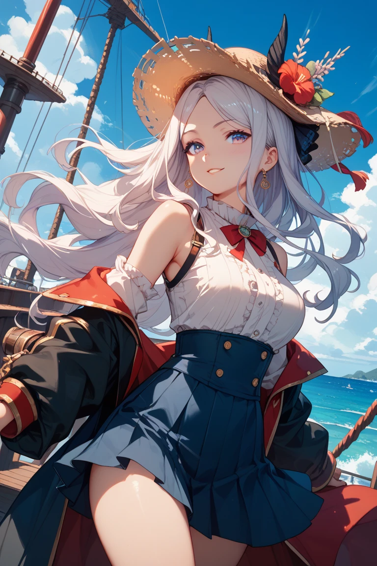 masterpiece, highest quality, Very detailed, 16k, Ultra-high resolution, Cowboy Shot, Detailed face, Perfect Fingers, One female, aged 14, blue eyes, Silver Hair, Long Hair, jewelry, belt, necklace, bracelet, earrings, pirate hat/bandana/headband, open clothes/shirt/vest/coat, boots, gloves, holding weapon, gun, knife, sword, ship, barrel, ocean