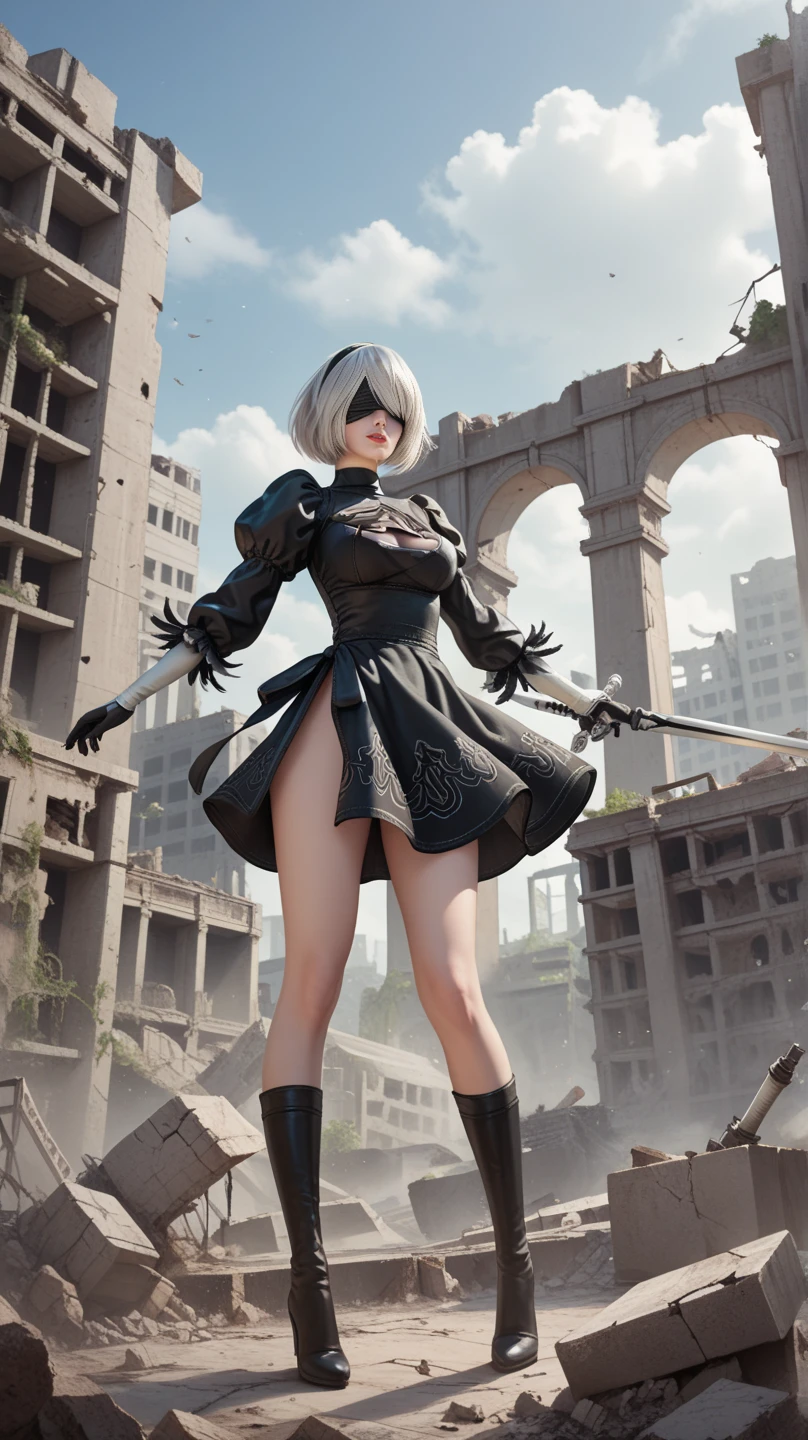 ((best qualityer)), ((work of art)), (very detailled:1.3), 2B in the ruins of a city in the forgotten war, Ancient Technology, Nier-Automata, standing, fully body, legs slightly open, arms half raised, photographic essay, facefocus, Looking at the sky, hdr (high-range dynamics), ray tracing, nvidia RTX, super resolution, Irreal 5, underground dispersal, PBR Texture, Post-processing, Anisotropic filtering, Depth of field, Maximum sharpness and sharpness, multi-layered texture, albedo and highlight maps, Surface shading, Accurate simulation of interactions between light materials, perfect proportions, octane rendering, duotone lighting, Low ISO, White balance, rule of thirds, large aperture, 8K CRU, efficient sub-pixels, subpixel convolution, Luminescent particles, light scattering, Tyndall effect