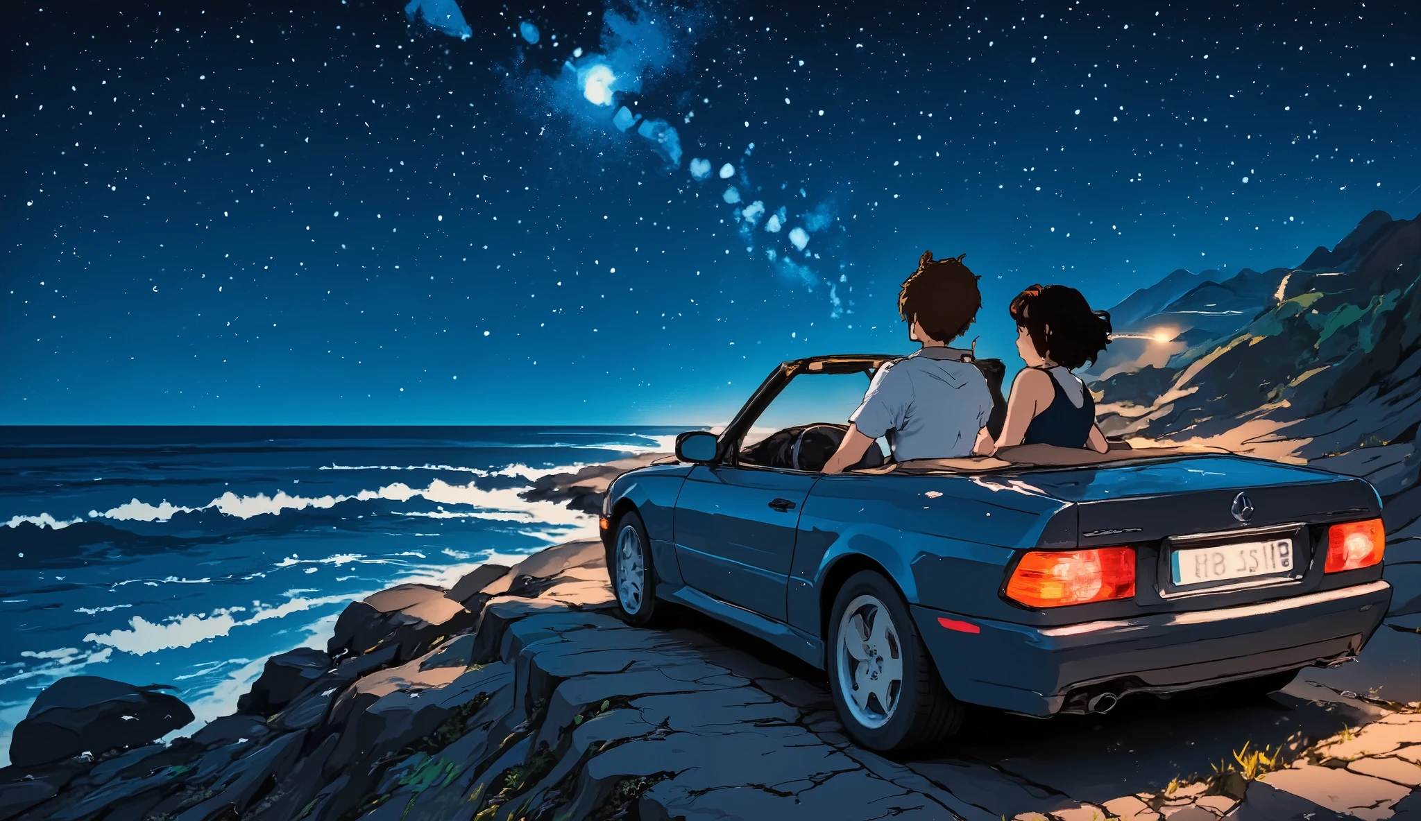 Ghibli anime style couple, a man with curly hair and a woman with short wavy black hair 、満月の夜にメルセデスに乗って海岸から海と月が綺麗な景色を楽しそうに coupleで眺めている 海岸に車を停めて carから海と夜空を眺める couple car