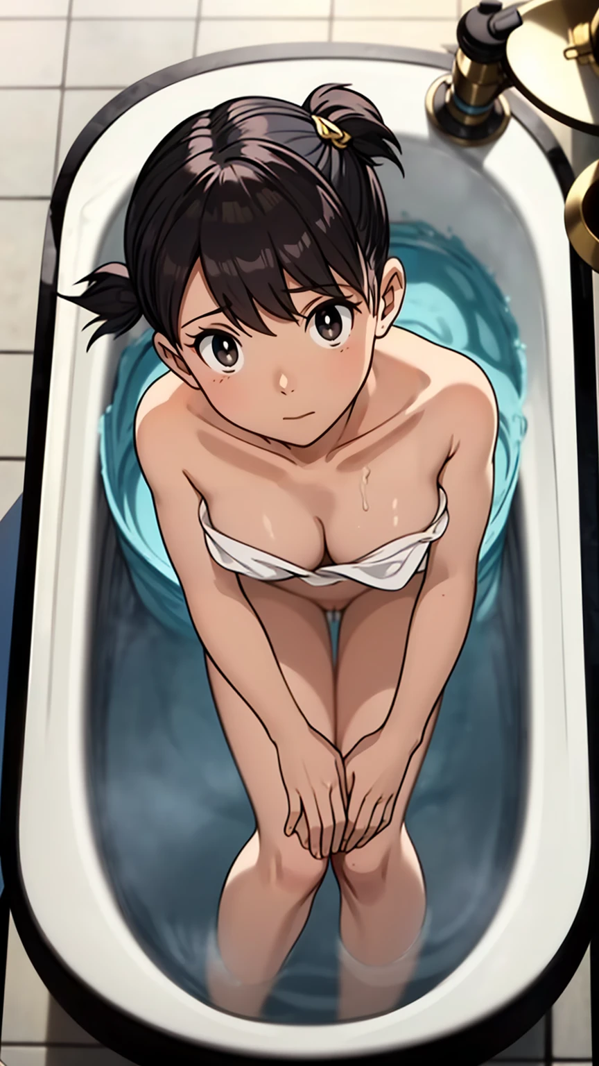8k quality, only face in picture, wet, naked, shy, sexy, clean body, short hair, blue eyes, shy, cum on face, Mouth open, looks up, looks at the viewer, ahegao, titjob, large dick, cum on face, cum on hair, flat torso