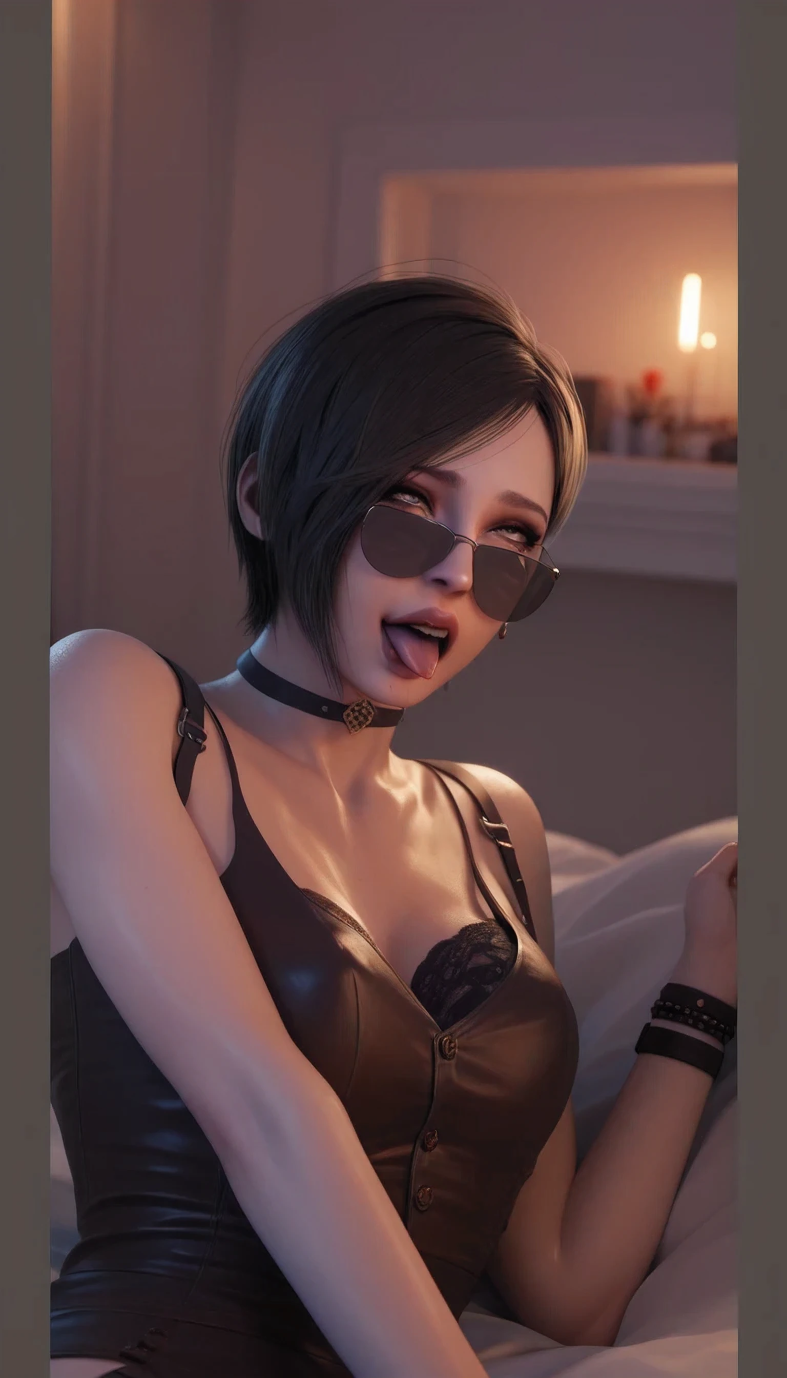 (OOKZA vampire style:1.0), detailed digital illustration by Bowater, portrait of a female vampire in a club, fangs, short hair, (brown hair), glasses, tank top, mini skirt, knee boots, dark, gothic, sexy, dangerous,blood, 8x