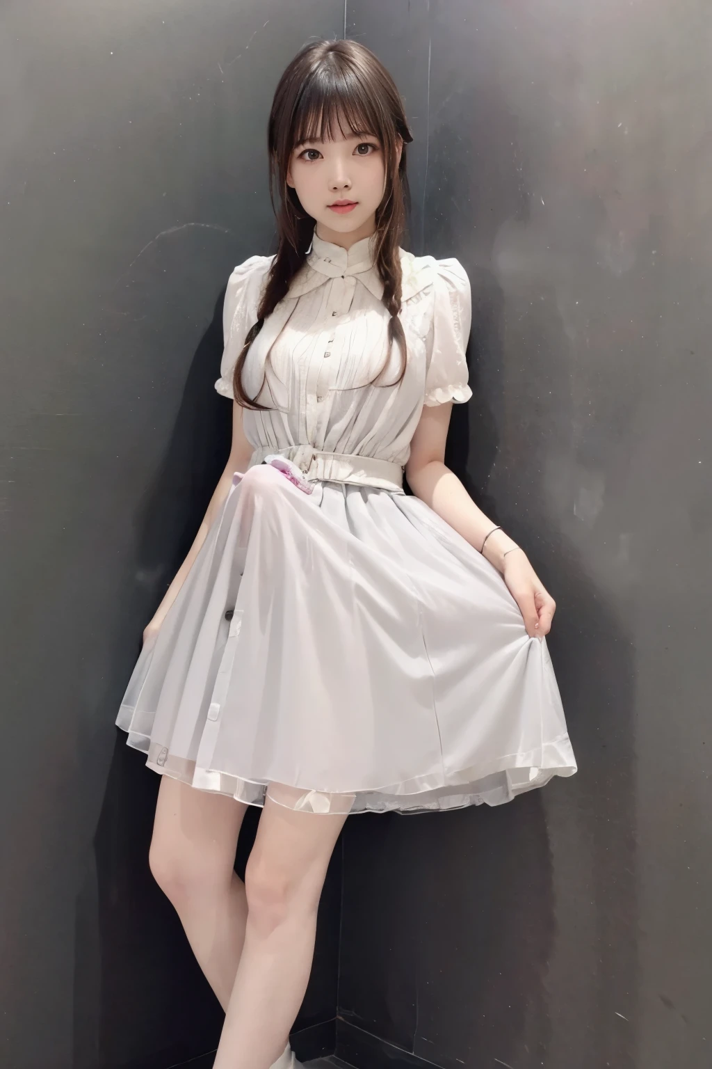 A woman wearing a light blue knee-length floral summer dress, elegant, Cute face, Flat Heel Shoes, 17 years old, Adult face, Slightly wavy hair, ((Black Hair)) Shine, bright black eyes, Slim frame, Increased breast size, Long legs, Soft pink lips, Black Hair、Long Hair,  british woman、Second dimension beautiful girl、sexy look、smile、perfect ratio、the cutest in the world、Big Breasts