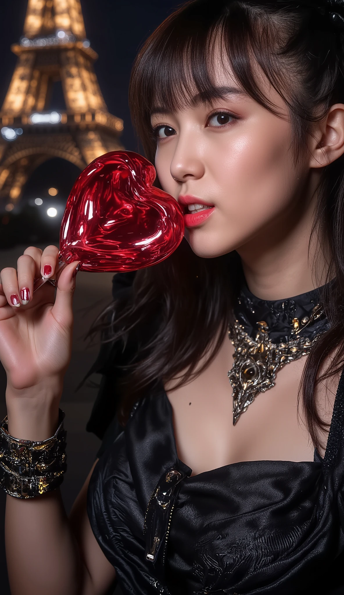 photorealistic image of a women, ultrarealistic, Photography, women, hourglass figure, perfect body, flirtatious look, big breasts, blurred background, (((she grab with her hand))) a big red heart-shaped sugar glossy semi translucent lollipop close to her mouth, lips with bright, glossy, vibrant red lipstick. Lips are slightly parted, with a playful, slightly mischievous expression as biting the lollipop, teeth visible, seductive look, (((sexy SMILE))), seductive, long eyelashes, cat eye makeup, please keep the exact and precise facial and hair details of the selected LoRA, keep the LoRA iconic hairstyle, set the scenario in Paris, behind her should be the iconic eiffel tower at midnight, FITTED BLACK DRESS with deep neckline, the camera angle should find the best spot to take the photo,the same hairstyle she used in her band babymetal