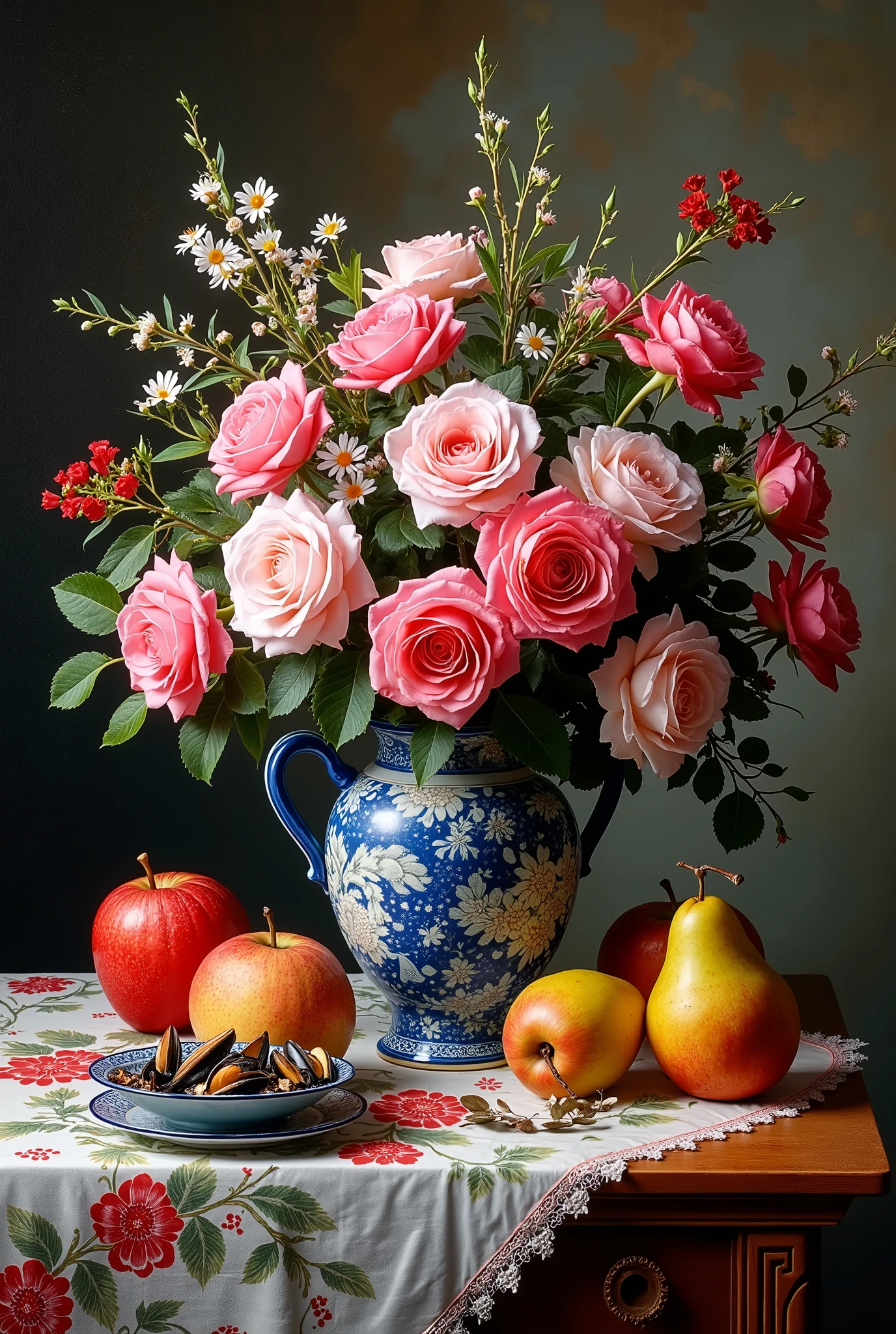 masterpiece composition A wide bouquet of roses and mussels in Chinese jugs with a picture on a wooden table and on a table, an embroidered tablecloth and large apples and pears lie and the price falls firmly on their side and the soil is soft oil paint