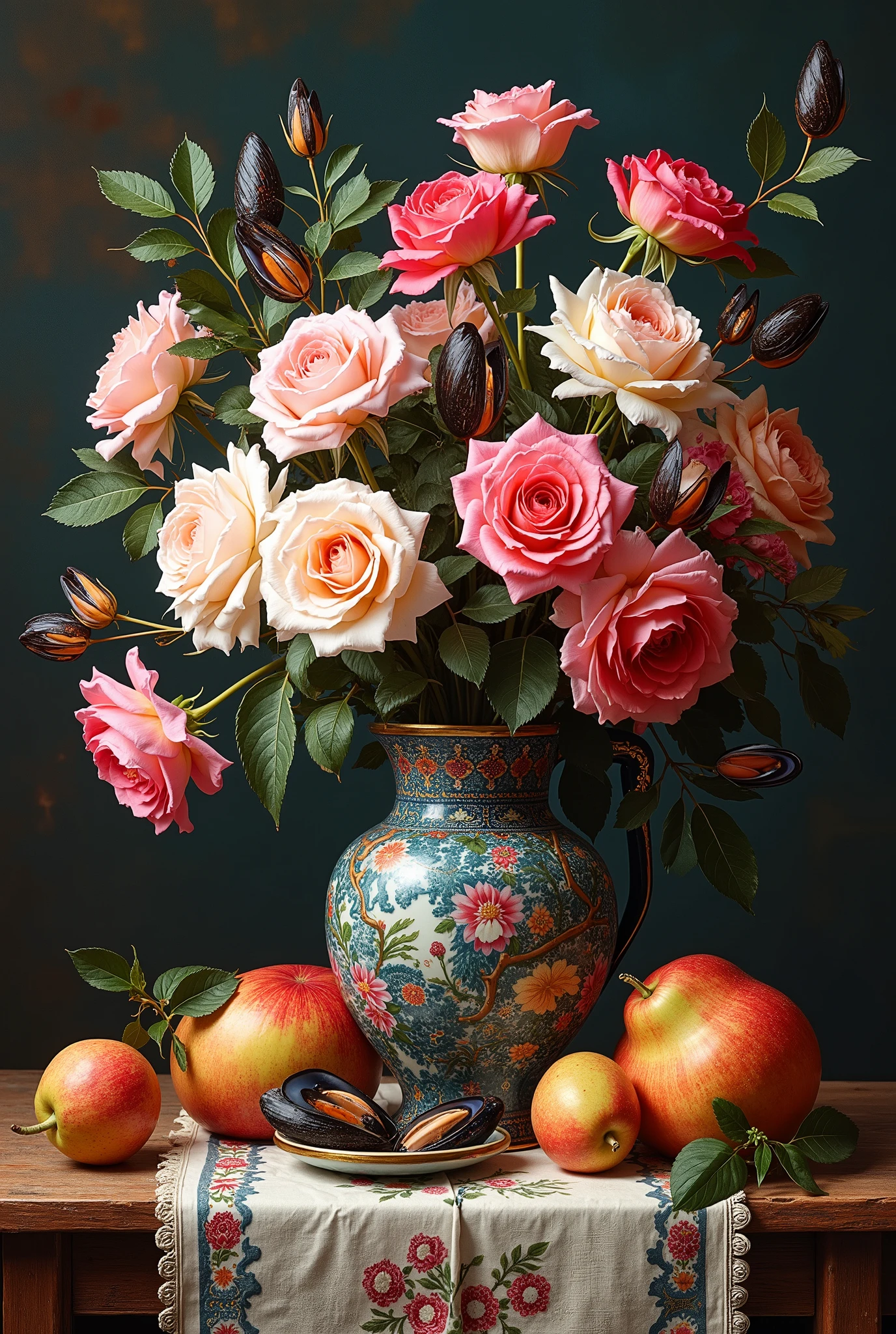masterpiece composition A wide bouquet of roses and mussels in Chinese jugs with a picture on a wooden table and on a table, an embroidered tablecloth and large apples and pears lie and the price falls firmly on their side and the soil is soft oil paint