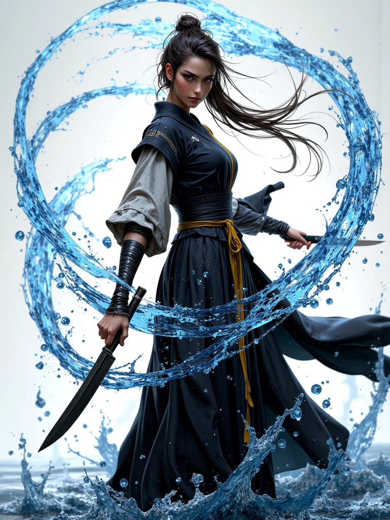 A Knife Master ,The tip of the knife is slanted forward, Water Flow Circling the Blade Body ,Female Knife Nephrology Focus, High Resolution, 3D Ultra High Reality ,