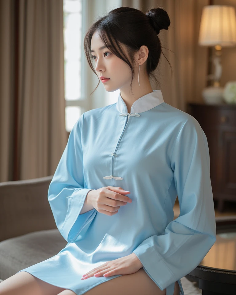 highly detailed, beautiful, hyper Realistic girl, masterpiece, best quality, Japanese sexy gravure woman, 28-years-old, identity hidden, all body shot, , takes a selfie in her room using a smartphone in front of a mirror with one hand, fashion model Posing, sitting, looking away from the camera, /// gray arranged hair, light color eyes, Realistic skin, Detailed face, /// BREAK Cyber punk taste chinese dress, balloon Sleeves, white theme, mandarin collar, Circular silhouette skirt, gray, /// Monotone simple modern taste single room, mirror, complicated background