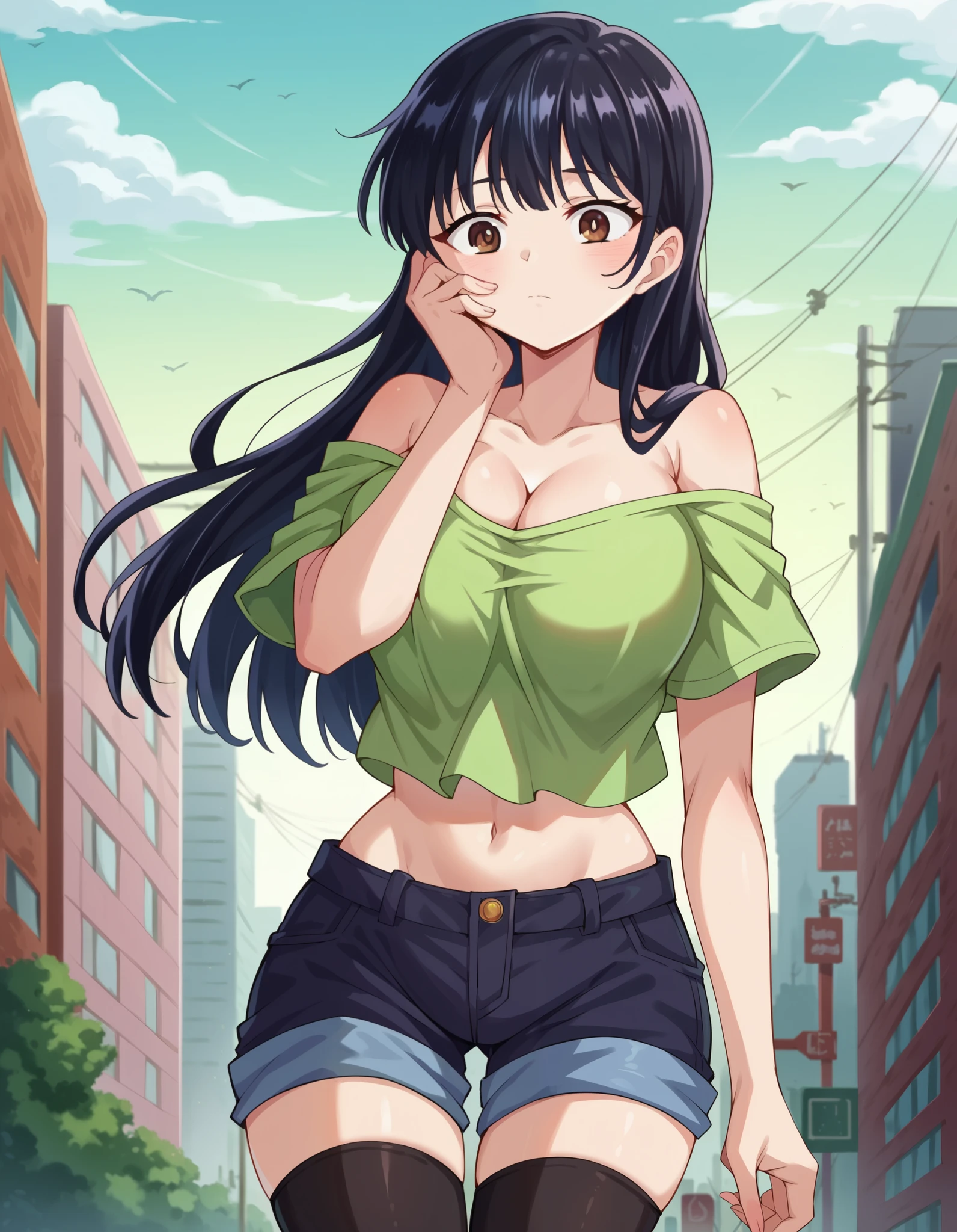 score_9, score_8_up, score_7_up, source_anime, annayamada, anna yamada, 1girl, anna yamada, long hair, bangs, outdoors, apocalyptic city, Anna, shirt, green shirt, short sleeves. bare shoulders, no bra, cleavage, crop top, shorts, black shorts, thighhighs, black thighhighs, black footwear, boots, black hair, solo, brown eyes, breast, large breast, cowboy shot, looking sky, hand on cheek, N0R3AL_PDXL