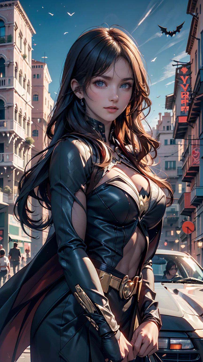 Beautiful woman defined detailed body using batman cosplay, big breasts, gotham city, night, black shirt