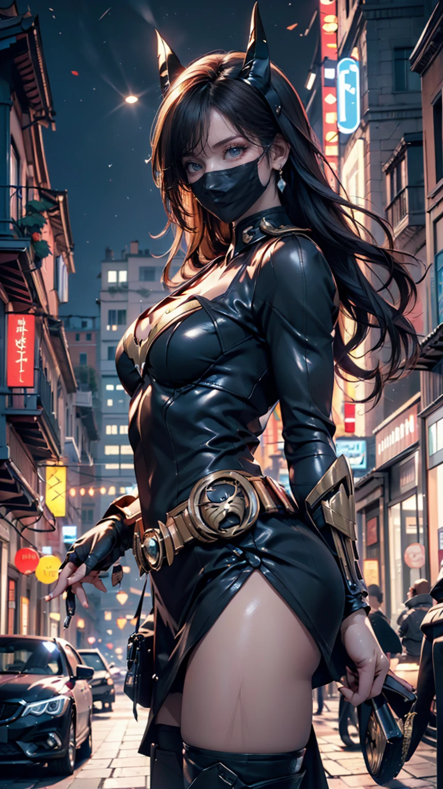 8k wallpaper of a mysterious beautiful masked kunoichi ninja wearing eyeliner and gold jewelry in the streets of a dark snowy town in russia, by artgerm, intricate detail, trending on artstation, 8k, fluid motion, stunning shading, by wlop