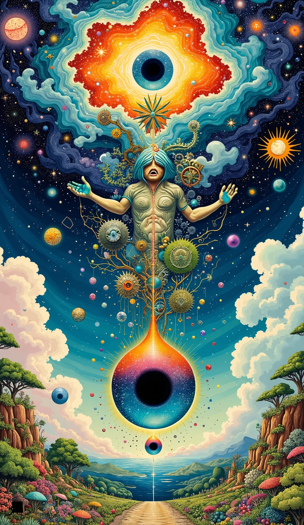 "A celestial being with an hourglass-shaped head, its body dissolving into swirling nebulae and ancient clockwork gears. Its face constantly shifts between a thousand different identities, each one screaming in silence. One hand holds a black hole that distorts reality, while the other stretches infinitely, reaching into alternate dimensions. The sky is a shattered mirror, reflecting fragmented timelines and forgotten memories. Inspired by Pedro Pedraja, Alex Grey, and Hieronymus Bosch, blending cosmic horror, psychedelic surrealism, and dreamlike paradoxes. Behance Contest, reality-breaking illustration, impossible physics, transcendental chaos."