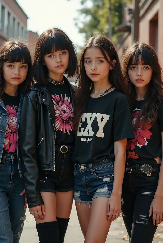 3 children girls WITH STRAIGHT DARK HAIR, BLACK LEATHER JACKET AND BLACK CLOTHING. PORTRAT STYLE, image of a city skyline with a bridge and a green glow, detalized background of new york, green glow, ny, green glow, brooklyn background, green ambient light, new york background, new york city background, bright green, radioactive glow green, neon green, sickening green colors, gotham city background, new york city as a backdrop, New York