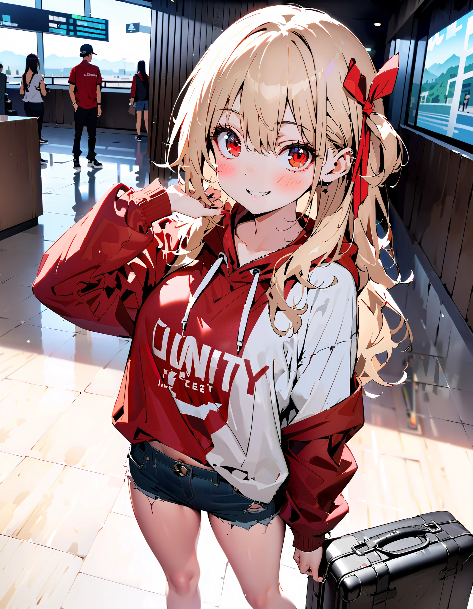 Nishiki Shiho , Nishiki Castle Senri,Alone, bangs,   blond hair with shoulder-length,  red eyes,  hair ribbon,  One Side Up, long hair,Baseball hats,smile,blush, mouth,Oversized red hoodie, denim micro shorts ,Bare legs, Bbo~, suitcases, standing,whole bodyがイラストに入るように,
break indoors, airport,lobby,
break looking at viewer,whole body,
break ( Masterpiece:1.2), top quality , kampala, Unity 8k Wallpaper,(shape:0.8),(  fine, beautiful eyes  :1.6),It's a person ,whole body写真,CG Details , ( perfect hands, Complete Anatomy),