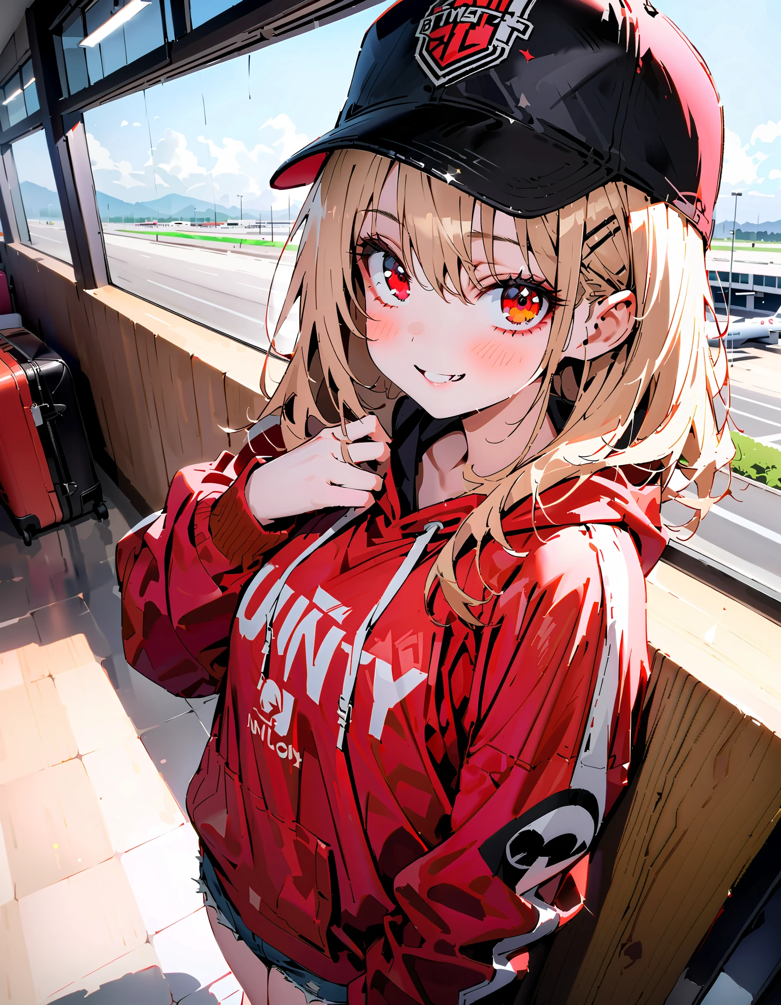 Nishiki Shiho , Nishiki Castle Senri,Alone, bangs,   blond hair with shoulder-length,  red eyes,  hair ribbon,  One Side Up, long hair,Baseball hats,smile,blush, mouth,Oversized red hoodie, denim micro shorts ,Bare legs, Bbo~, suitcases, standing,whole bodyがイラストに入るように,
break indoors, airport,lobby,
break looking at viewer,whole body,
break ( Masterpiece:1.2), top quality , kampala, Unity 8k Wallpaper,(shape:0.8),(  fine, beautiful eyes  :1.6),It's a person ,whole body写真,CG Details , ( perfect hands, Complete Anatomy),