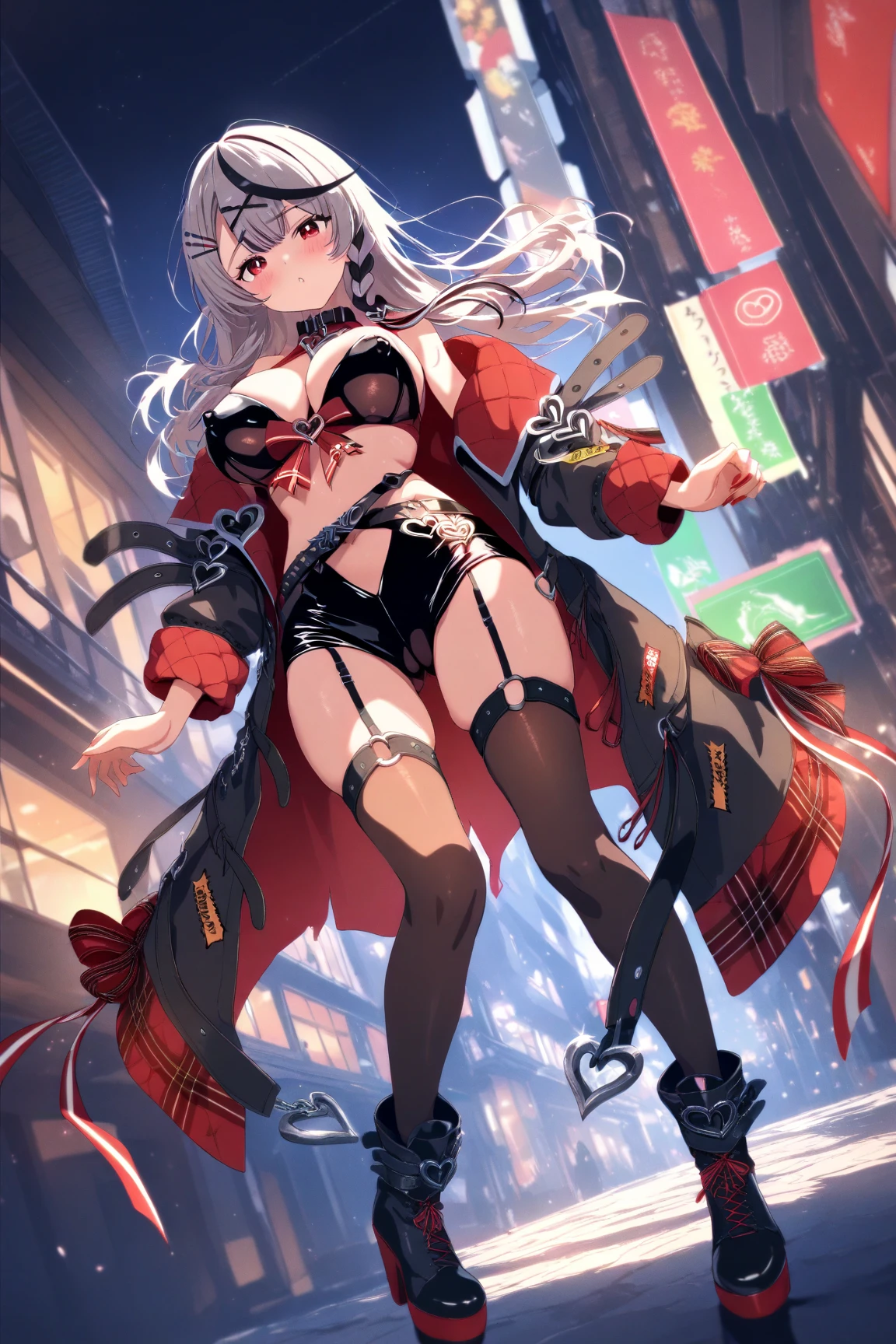 ubel,((ubel of Frieren: Beyond Journey's End )),dark green hair,long hair,side ponytail,hair between eyes,bangs, BREAK (beret, black jacket, open clothes, cleavage, midriff, black shorts, black thighhighs, thigh strap, fingerless gloves, single glove:1.2) , (dynamic angle:1.3, front view:1.1, breast focus:1.3, from below:1.2), (dynamic posing:1.5, sexy posing:1.2, leaning forward), (seductive smiling:1.3),(*K) HD, highest quality, WorKs of masters, High resolution, spread legs, panties shot,1 girl, small nose,(with sparkling eyes and a contagious smile), very beautiful detailed face and eyes, bright colors, cute face, delicate beautiful face, Bright magenta eyes, cute eyes, sparkling eyes, Big eyes, (big breasts:1.3), (perky chest:1.1), (pointed chest:1.0), medium hips, glamorous body, white skin, smile, thin pubric hair, shiny hair, super beautiful face, Super beautiful eyes, Super beautiful hair，trendy outfit，sexy and attractive，explosion of colors，big hairpin，full body esbian，illegal occupation, Real World, Natural light,perfect Natural light,looking at viewer,
