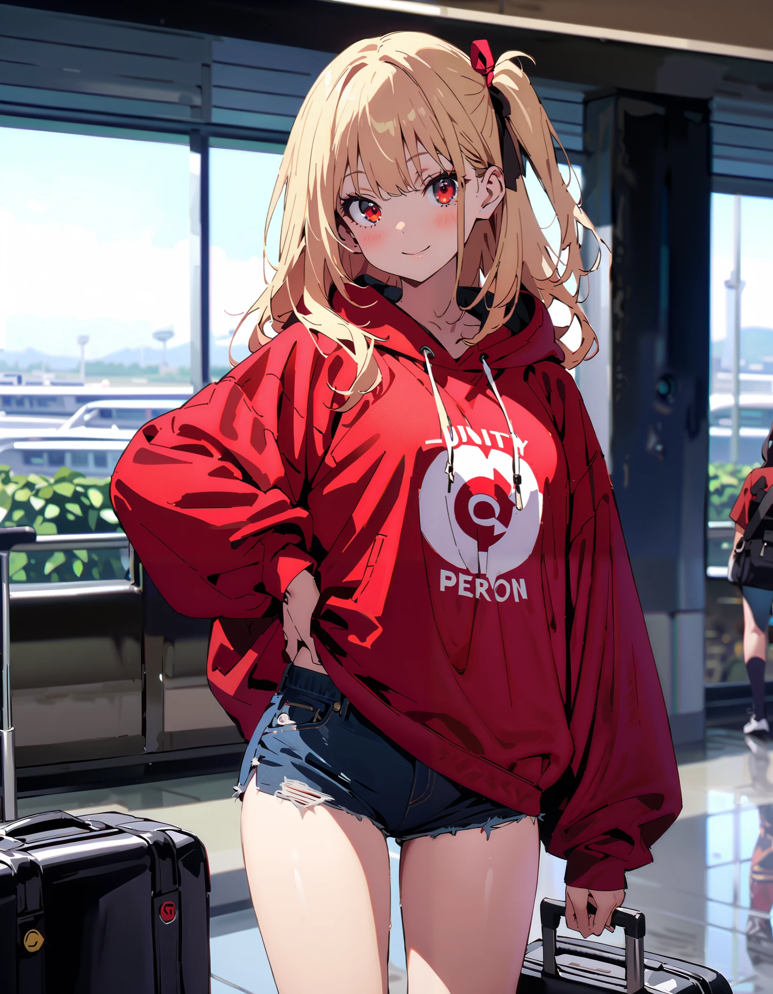 Nishiki Shiho , Nishiki Castle Senri,Alone, bangs,   blond hair with shoulder-length,  red eyes,  hair ribbon,  One Side Up, long hair,Baseball hats,smile,blush, mouth,Oversized red hoodie, denim micro shorts ,Bare legs, Bbo~, suitcases, standing,whole bodyがイラストに入るように,
break indoors, airport,lobby,
break looking at viewer,whole body,
break ( Masterpiece:1.2), top quality , kampala, Unity 8k Wallpaper,(shape:0.8),(  fine, beautiful eyes  :1.6),It's a person ,whole body写真,CG Details , ( perfect hands, Complete Anatomy),