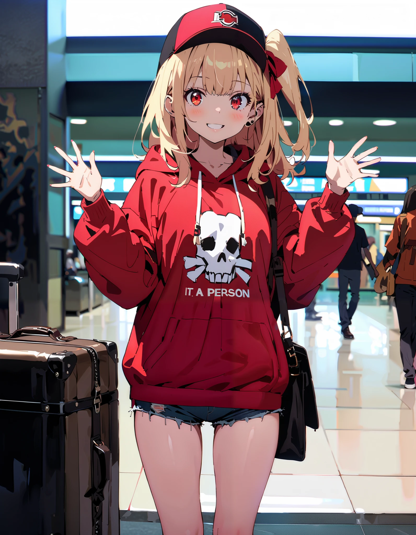 Nishiki Shiho , Nishiki Castle Senri,Alone, bangs,   blond hair with shoulder-length,  red eyes,  hair ribbon,  One Side Up, long hair,Baseball hats,smile,blush, mouth,Oversized red hoodie, denim micro shorts ,Bare legs, Bbo~, suitcases, standing,whole bodyがイラストに入るように,
break indoors, airport,lobby,
break looking at viewer,whole body,
break ( Masterpiece:1.2), top quality , kampala, Unity 8k Wallpaper,(shape:0.8),(  fine, beautiful eyes  :1.6),It's a person ,whole body写真,CG Details , ( perfect hands, Complete Anatomy),