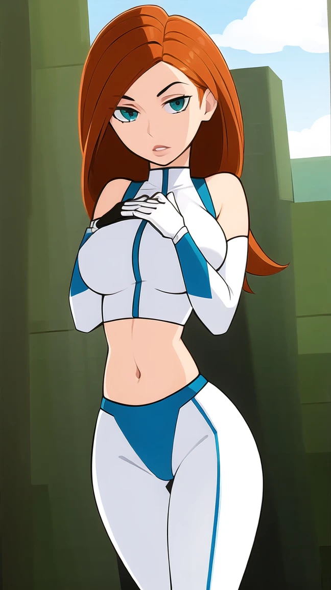 (((white and blue suit))),kimberly ann possible, 1girl, abs, bandaid, brown hair, breasts, fingerless gloves, gloves, green eyes, green legwear, large breasts, lips, long hair, midriff, navel, pants, pose, solo, thighs, toned
