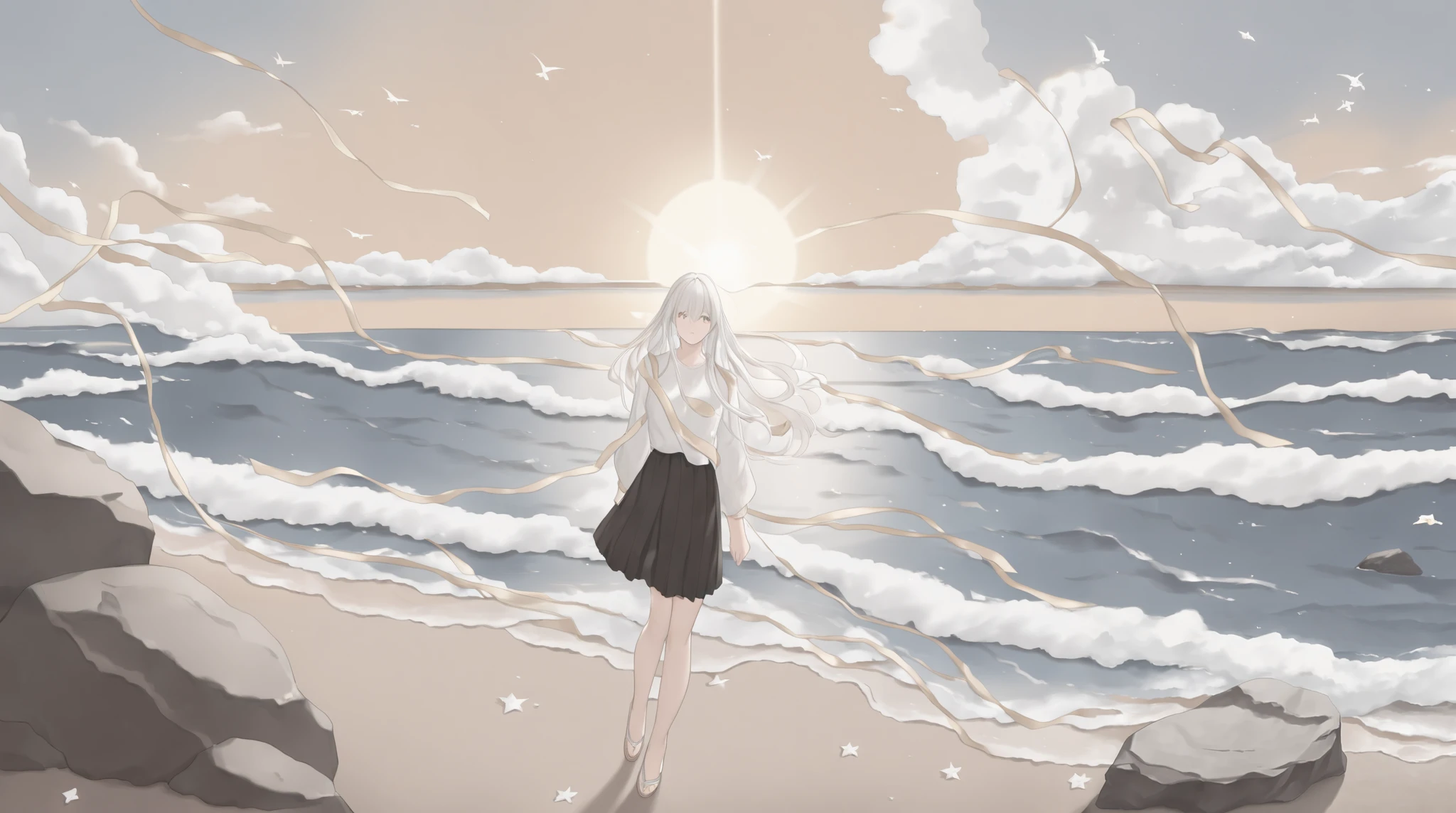 Full body-shot of a person standing on a quiet seaside cliff, their gaze lost in the horizon as the wind gently sweeps through their hair and clothes. The ocean waves move rhythmically, carrying echoes of distant memories. As the breeze passes by, it feels as if the past is awakening, bringing back fragments of forgotten moments. In the golden light of the setting sun, a soft, dreamlike glow lingers around them, symbolizing the unchanging presence of something once lost. The atmosphere is serene, melancholic, and filled with deep nostalgia. Real photo style --ar 16:9