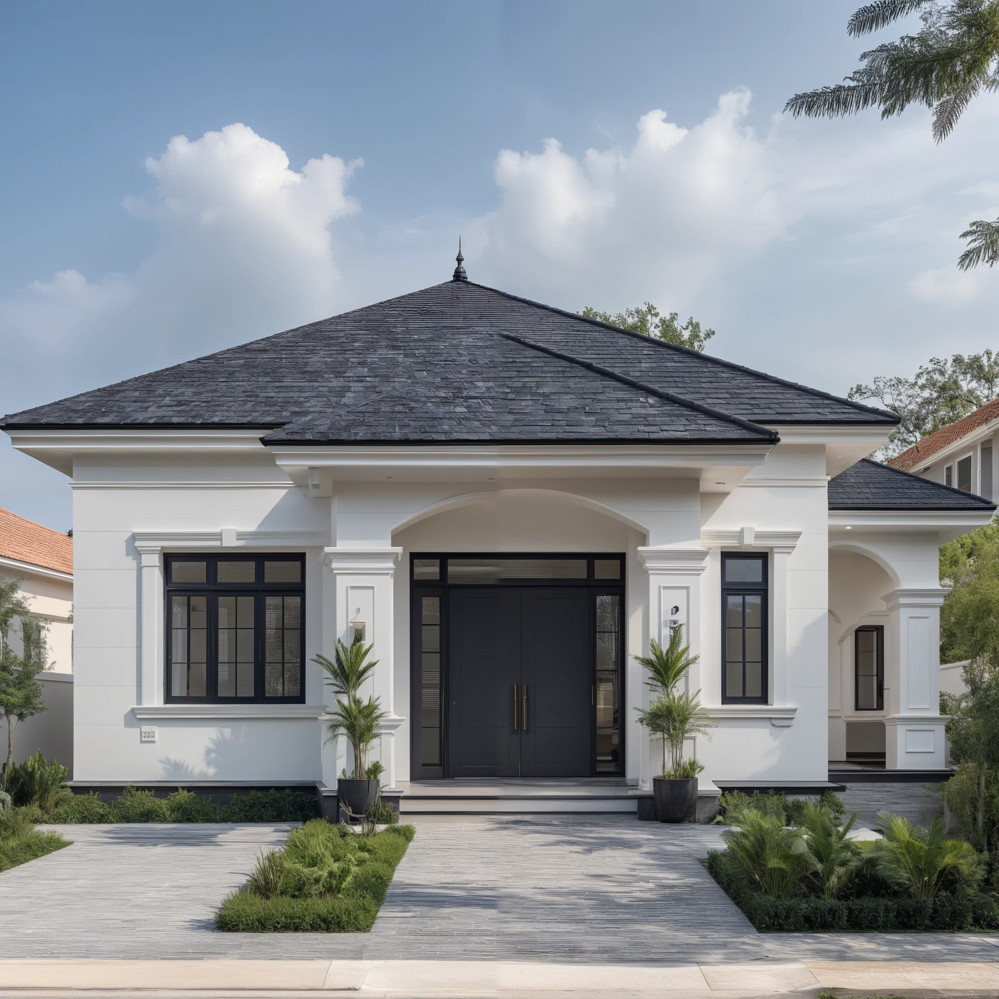 (masterpiece:1.2), best quality, photo of A two-story modern house with white walls and dark tiles on the roof, tree and plant, streetcapes, natural light, The exterior of an elegant single family home features large windows, a dark gray door frame.