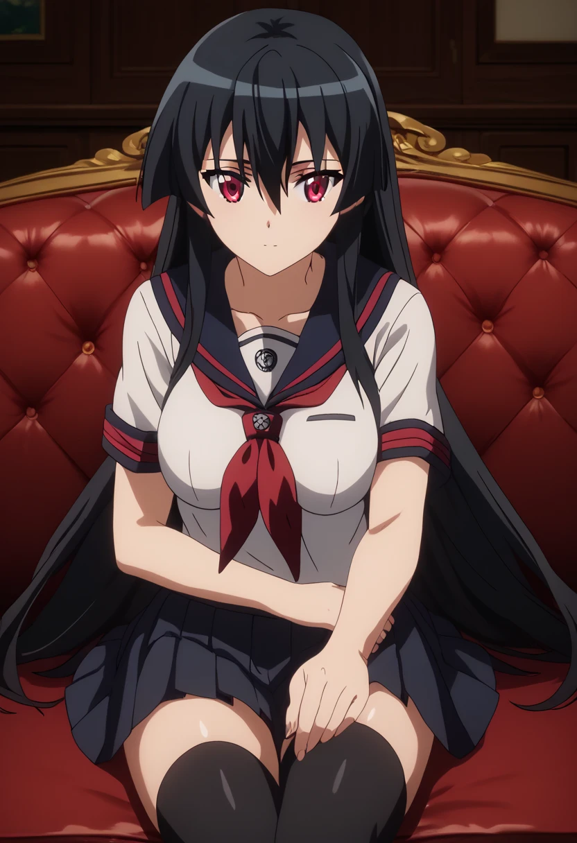 ((Master piece , best quality )),perfect face beautiful red eyes, black hair,(( very long hair )),between eyes hair , blushing ,smile,looking at me, full body, ((1girl,solo)),Akame, ((white shirt , short )),sitting on sofa