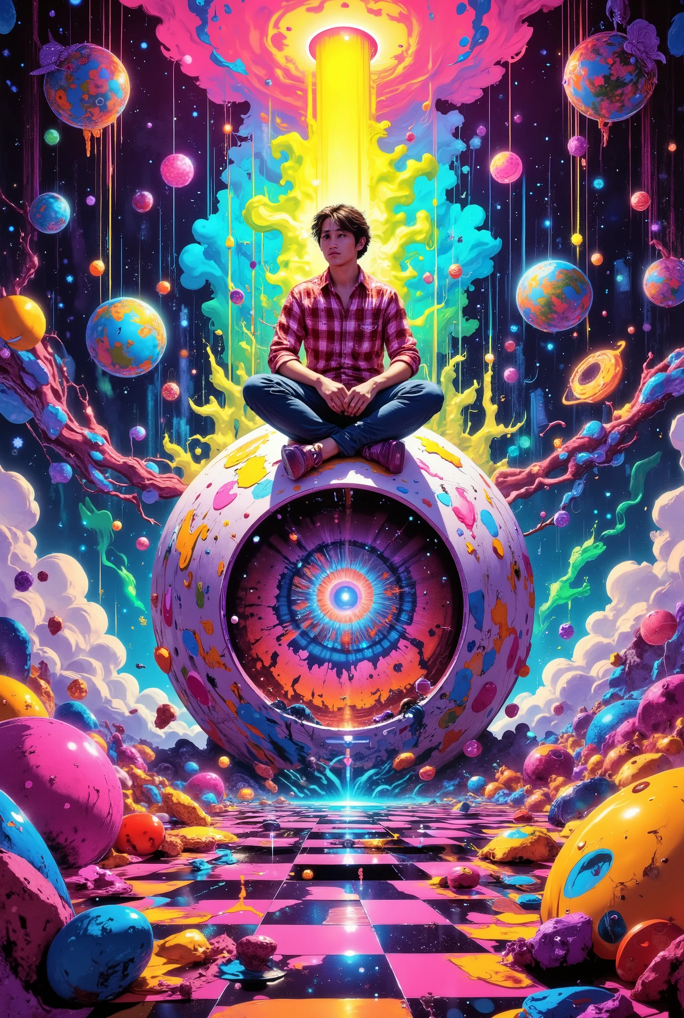 [A young man in a checkered shirt sits pensively atop a giant eyeball,  surrounded by a vibrant, surreal landscape of floating objects,  checkerboard floors, and a beam of light emanating from above], [Digital painting,  Surrealism, Psychedelic art], [Inspired by the works of  Opie,  Android Jones, and  the style of album art from artists like  Gorillaz], [Highly saturated, vibrant color palette,  realistic rendering of the figure and eyeball,  surreal and abstract rendering of the surrounding environment,  a mix of organic and geometric shapes,  glowing effects and light trails,  a checkerboard floor adds a sense of depth and perspective,  the overall mood is one of contemplative wonder and psychedelic exploration, suggesting a dreamlike or hallucinatory state.]