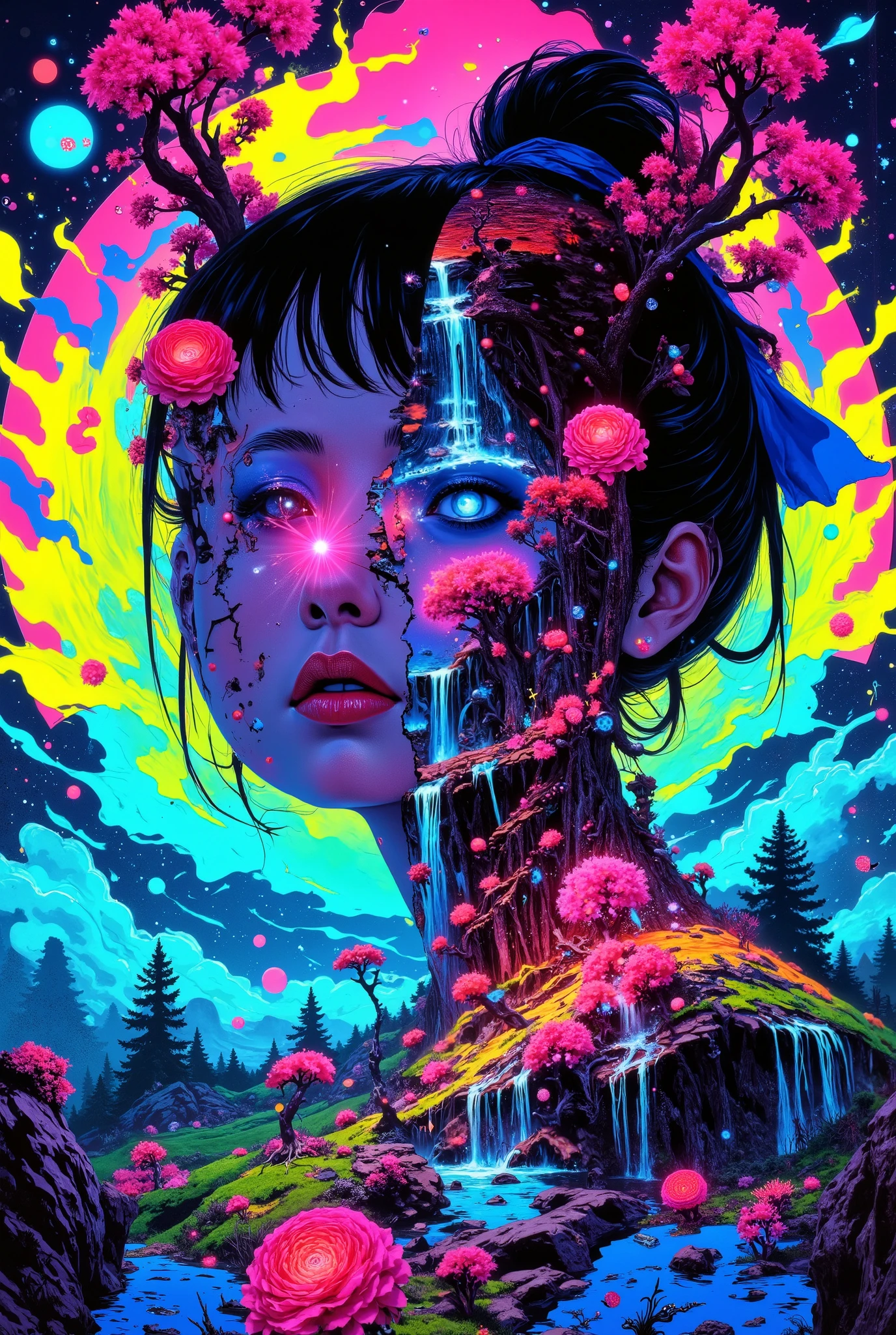 hyperrealistic surrealism illustration of a blue-eyed Japanese woman, face cracked on one side, her hair tied in a bun with a blue colored ribbon, looking at the camera with a hollow open shoulder showing a large beautiful waterfall object rocks and cherry trees, complicated, textured, irregular, neon lights, blue, pink, yellow, green, and red backlit silhouettes, smoke color dispersion, inkblot-like shadows, reality effects of torn cloth, upside-down tree roots, complicated objects, melting, free floating, endless corridors, money city reflecting itself, buildings breathable, The composition should flow vertically, transitioning from dark roots to smooth peaks. subtle neon flow, Subtle flow of energy floating in neon blue and pink connecting all elements, mix of organic and geometric shapes, virtual reality horizon, Cyberpunk color scheme, cracked textures, Smooth gradient between color transitions, Psychedelic surrealism meets cyberpunk aesthetic, Mix of organic and digital elements, Emphasis on vertical flow and movement, Dark fantasy meets neon art. very HD
