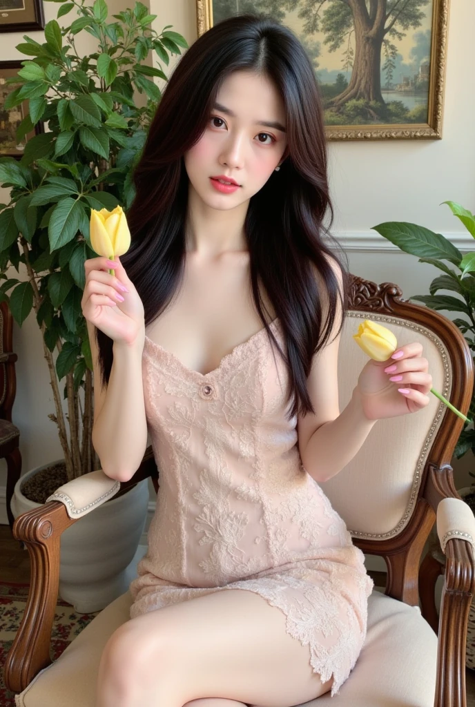 **prompt:**
A beautiful Japanese girl、Colorful large flowers々A scene of a woman relaxing surrounded by。Background of pastel colored flowers々Filled with、Soft light penetrates、The overall effect is a dreamlike and fantastical atmosphere.。The beautiful girl is wearing a thin dress、The skin is painted with a texture that makes it appear transparent.。The pose is lying down with arms stretched out.、Have a natural and relaxed posture。Her expression is calm、She has a dreamy expression as she bathes in the sunlight.。The technique of illustration、In addition to realistic expression of light and shadow、The subtle differences in the texture and color of the flowers are carefully depicted.。In portrait mode、Aiming for ultra-realistic live-action depictions。
**Specific elements:**
- Japanese beautiful girl - Pastel colored flowers々Background - Sheer dress surrounded by、肌が透けるような質感
- リラックスした自然体のポージング
- 穏やかでうっとりとした表情
- 光と影のリアルな表現
- 花の質感や色合いの微細な違いの丁寧な描写
- 縦画面の構図
- 超リアルな実写系の描写
このpromptに基づいて、I create illustrations that bring out the most of fantastical and beautiful scenes.。