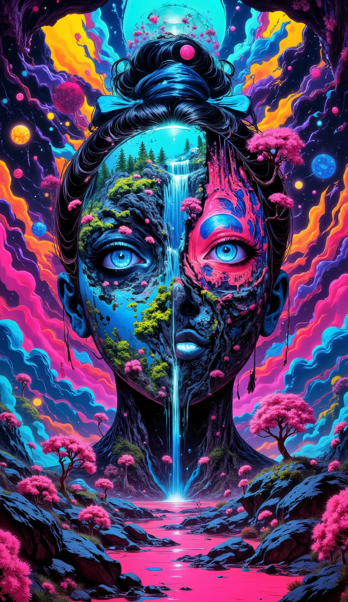 hyperrealistic surrealism illustration of a blue-eyed Japanese woman, face cracked on one side, her hair tied in a bun with a blue colored ribbon, looking at the camera with a hollow open shoulder showing a large beautiful waterfall object rocks and cherry trees, complicated, textured, irregular, neon lights, blue, pink, yellow, green, and red backlit silhouettes, smoke color dispersion, inkblot-like shadows, reality effects of torn cloth, upside-down tree roots, complicated objects, melting, free floating, endless corridors, money city reflecting itself, buildings breathable, The composition should flow vertically, transitioning from dark roots to smooth peaks. subtle neon flow, Subtle flow of energy floating in neon blue and pink connecting all elements, mix of organic and geometric shapes, virtual reality horizon, Cyberpunk color scheme, cracked textures, Smooth gradient between color transitions, Psychedelic surrealism meets cyberpunk aesthetic, Mix of organic and digital elements, Emphasis on vertical flow and movement, Dark fantasy meets neon art. very HD