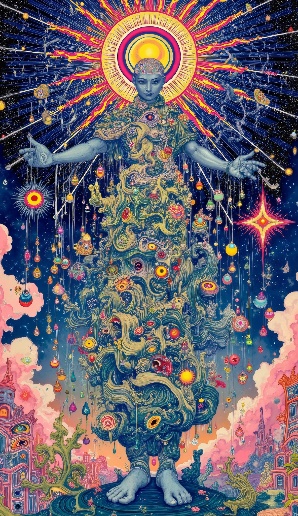 "A bali indonesian deity, only an infinite spiral leading to unknown dimensions. Its arms extend like tendrils, each finger pulling glowing marionette strings attached to people whose heads are blooming galaxies. The air is thick with floating eyeballs blinking in unison, forming constellations that rewrite fate. Buildings in the background twist and breathe like living organisms, their windows morphing into mouths whispering forgotten truths. The sky drips like melting oil paint, revealing an abyss underneath. Inspired by Pedro Pedraja, Alex Grey, and Salvador Dali, blending deep psychedelic surrealism, lowbrow dream horror, and mind-warping aesthetics. Behance Contest, bending reality, paradoxical consciousness, otherworldly chaos."