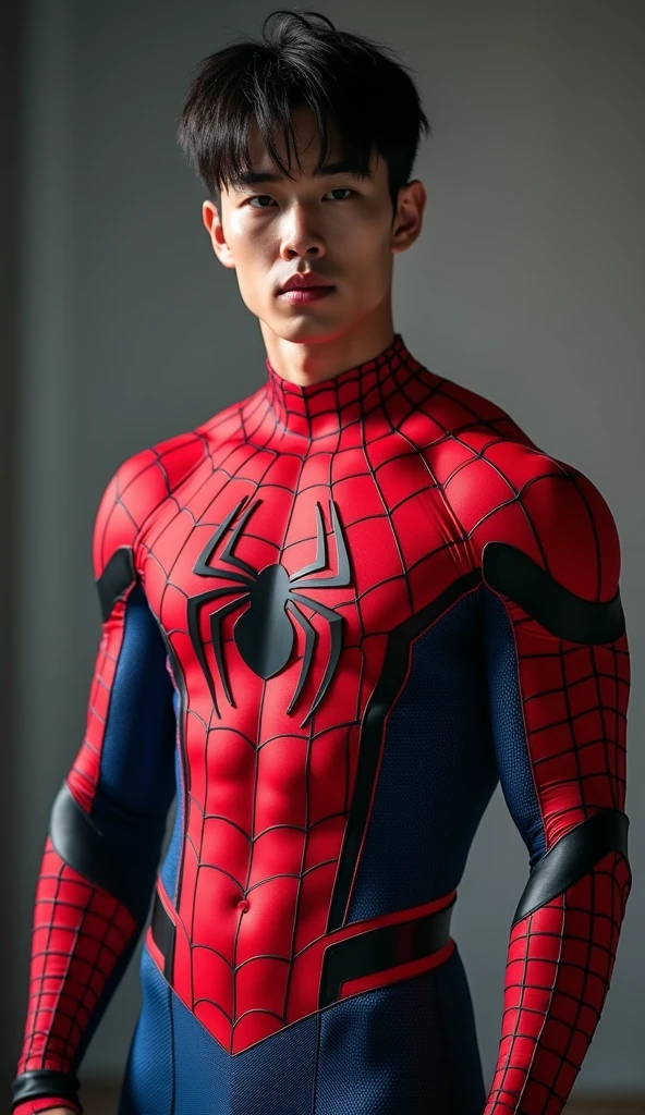 Peter Parker dressed in the Spider-Man costume, but the suit is open, being possible to see his entire abdomen and his underwear. His male genitals are out as he touches it with one hand.. Peter has his head tilted back a little. Your face reflects sexual pleasure