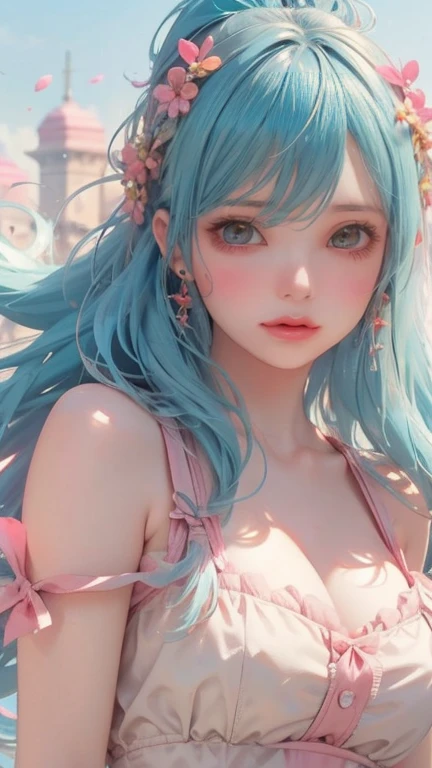 (Fluorescent color: 1.4), (Translucent: 1.4), (Vintage filter: 1.4), (Fantasy: 1.4), Candy World Disneyland Ethereal Soft Fluffy Soft Landscape Forest Snowflake Pale Pink Sky Green Blue Hair, ((Coiled Hair)), Light Blue, Sparkling Ethereal Light Soft Whimsical Light Diamond Sparkle Gemstone Background Ultra Realistic Ultra-high quality cinematic lighting Huge details Full HD painting Well lit, diagonal bangs,
Collared dress, sides
Masterpiece, Best Quality, Real Skin, (Portrait: 1.5), 1 Girl, Blunt Bangs, Long Hair, Sea of Flowers, Smell Flowers, Wear Flowers on Head, ((Smiling)), (Red Lipstick), (Blush), ((Shy)), Eyelashes, Eyeliner, Makeup, Short Hair, ((Pink Rabbit Ears))
