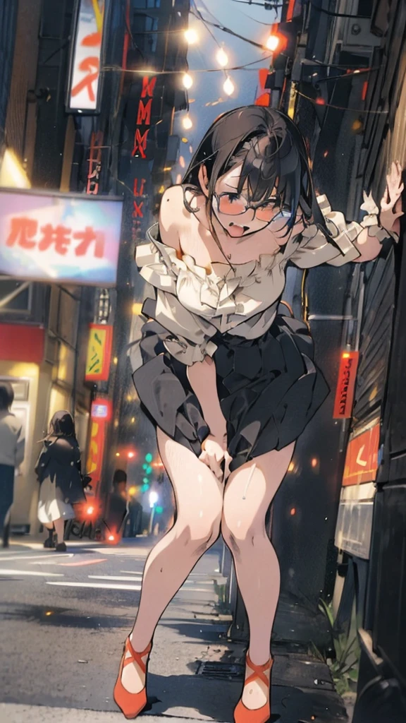 Anime, short black hair, blue eyes, wearing plain white shirt, city, absurdres, high res, ultrasharp, 8K, masterpiece, looking at viewer, wet shirt, pussy, crowd