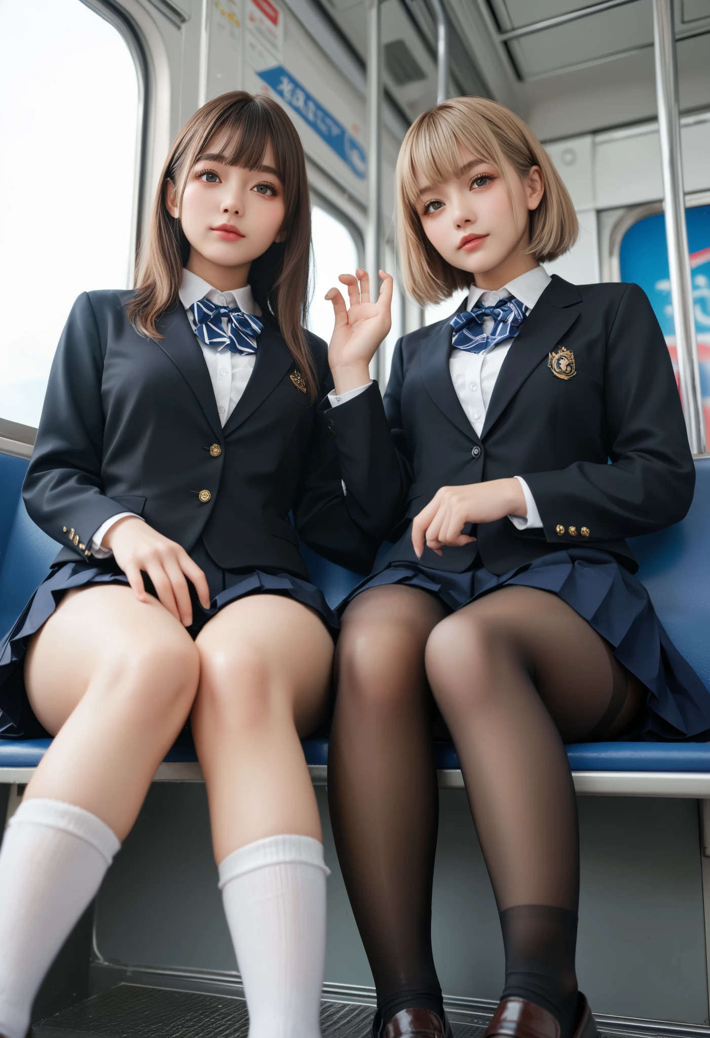 ((head out of frame)), Japanese high school girl, multiple 2 girls,   black blazer, white blouse, a ribbon, too short pleated skirt, white socks, loafers, brown hair, light brown hair, blonde hair, middle breast, wide hip, bare thick thigh, shiny black pantyhose, focused on (A slightly visible panties:0.35), handjob gesture, sitting on train seat, looking for viewer, perfect hands, perfect fingers, perfect lghting, dark shadow contrast, (from below:1.0), (from front:1.2), by fisheye,