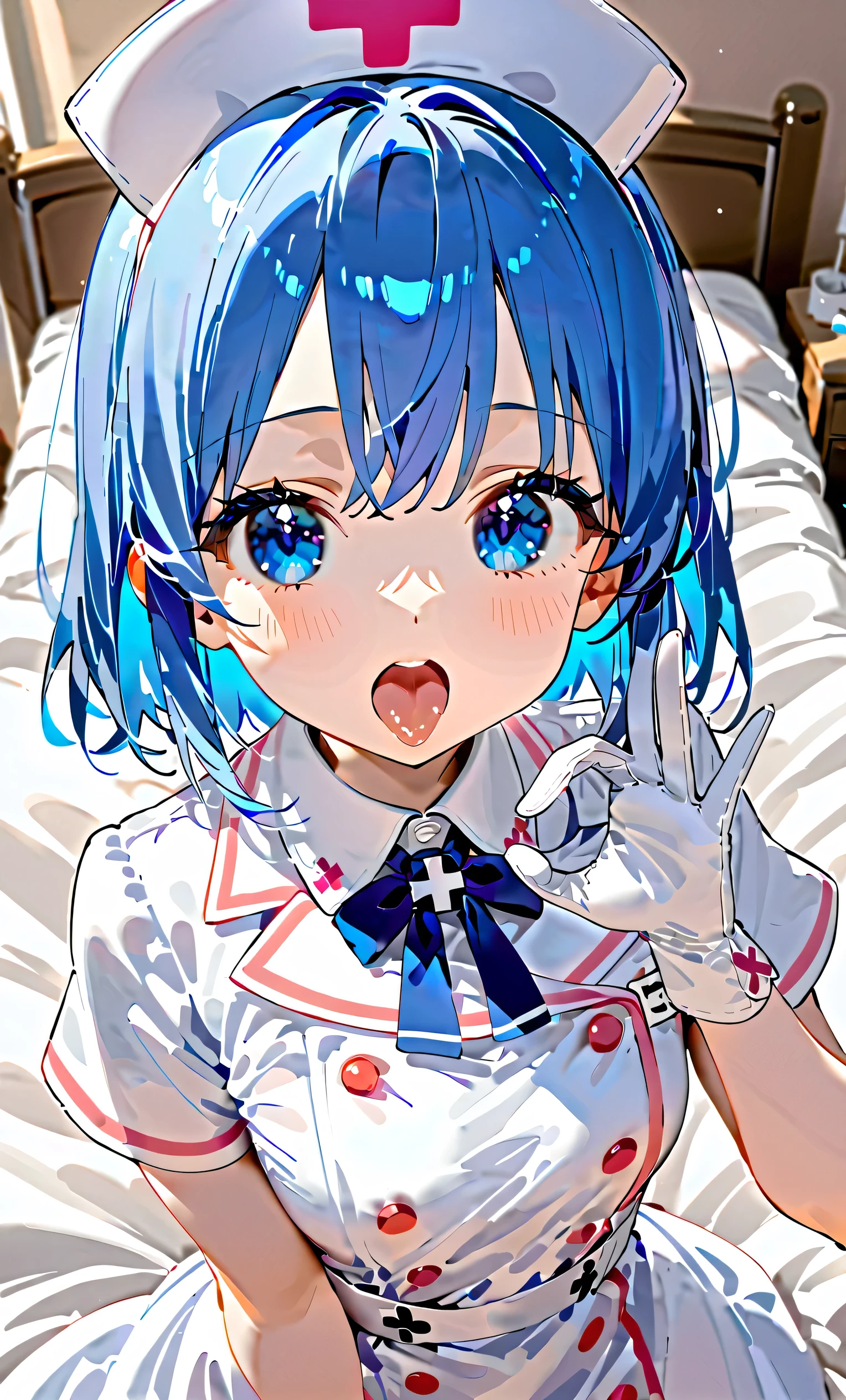 Masterpiece, Super Masterpiece, Ultimate Masterpiece, Blowjob Gesture, Girl, Blue Hair, Blue Eyes, Aoi Kiriya, Nurse, Gloves, From the Chest, Blowjob Gesture Close-up, Blowjob Gesture Special, , Small, Cute, Blowjob Gesture,
