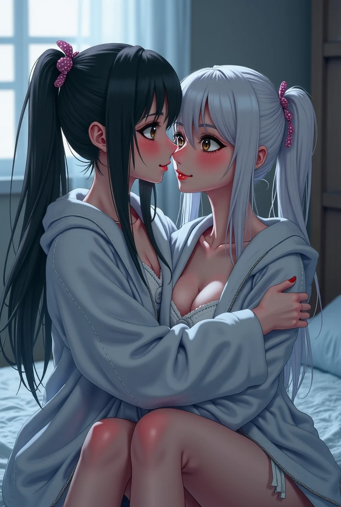 (masterpiece:1.2, best quality), (highly detailed:1.3), 2girls, , (white panties), white knitted sweaters, white hair, black hair, hugging, blush, eyes closed, bottom, love, winter, bedroom, standing by the window, white, bright, cold colors, morning, smooth,anime,lesbian,kiss ,bed