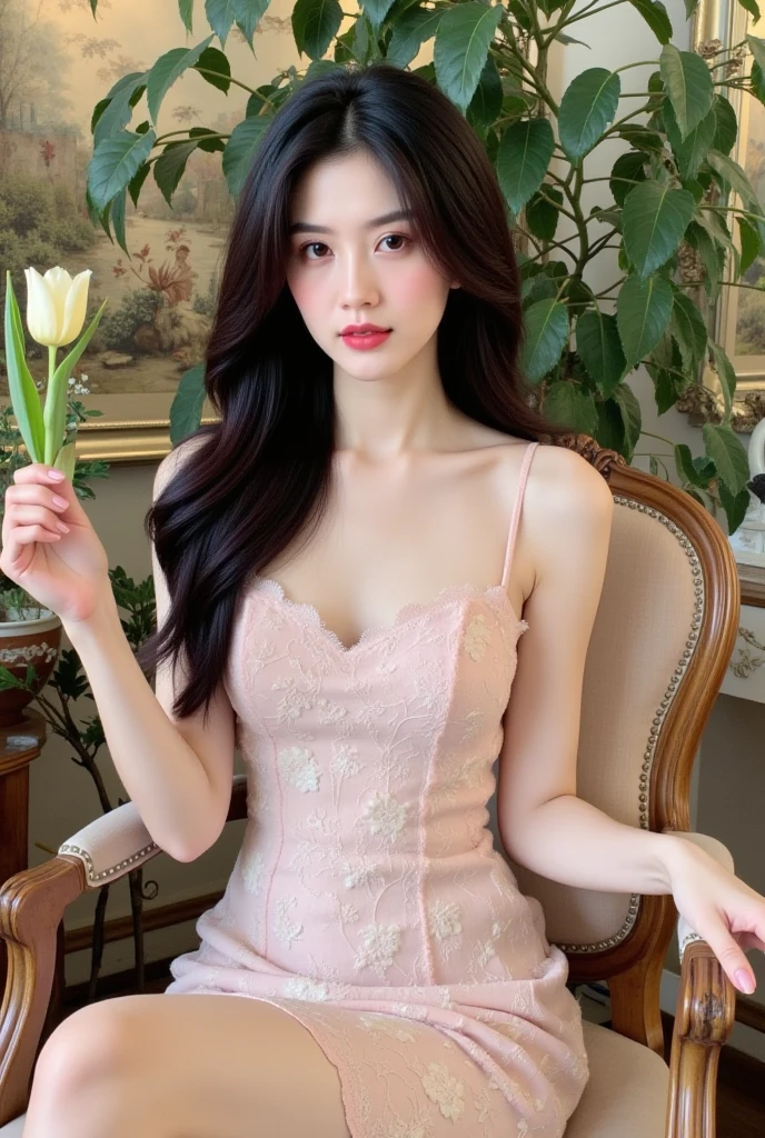 (((best quality))),(((ultra detailed))),(((masterpiece))),illustration,((1girl,solo)),(shoulder-length straight bob:1.2),(black hair:1.3),((bright eyes,flawless skin)),((slim,thin)),((small breasts,flat chest)),(dog collar with a bell:1.2),(pink sheer dress:1.3),(slender legs:1.2),sweetheart neckline,innocent yet alluring,(In a pink princess theme bedroom:1.3),(standing:1.3),(colorful gift box:1.3),wonderful expression,big bows,festive atmosphere,balloons and streamers,sunlight streaming in,radiant smile,anticipation,joy and excitement,capturing a moment of pure happiness,((from front,upper body))