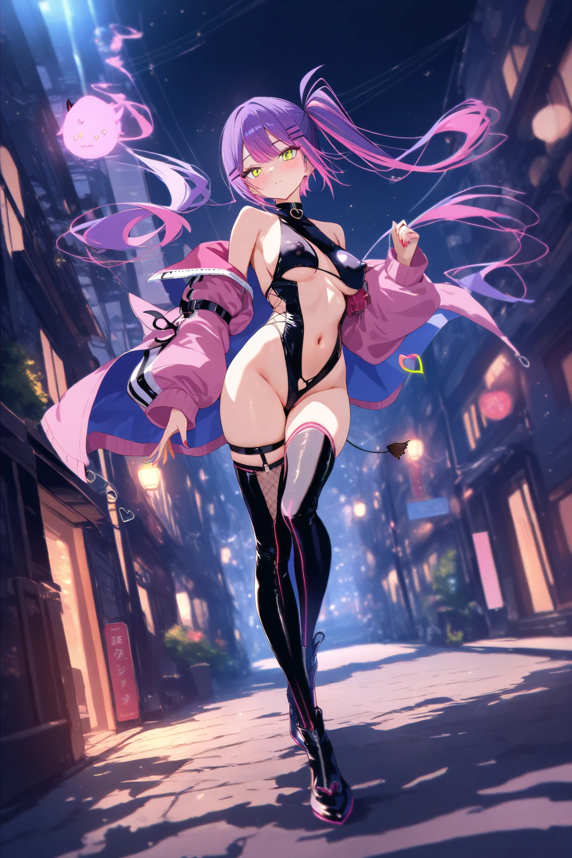 16K Ultra High Definition
Highest Quality
Glamorous cat girl
Super big ass and super big ass
Super Detail
Ultra-realistic body
Shiny skin
Glossy detailed hair texture
long beautiful long hair with gradient color from black to blue,,,,,,,,,,,,,,
Sly smile
Cute fangs and pink tongue peek out
plump pink nipple rings protruding slightly from her outfit
Collar with bell
Sexy on her body、This pose is、It is a pose that hides very large breasts with hands.
Tail extending from her ass
Bewitching smoke covering the surroundings。The background is a Japanese-style room at night where you can see the moon from the window