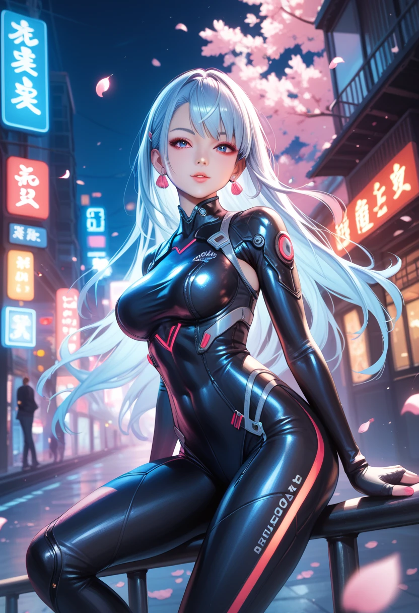 anime, (obra de arte, melhor qualidade, ultra-detalhado, Alto contraste), 1 mulher (sozinho, corpo todo, corpo plus size, standing on the edge of the skyscraper, cabelo prateado, LONGO em um rabo de cavalo, olhos vermelhos, olhos perfeitos brilhos de rubi, (qipao preto simples, black cybernetics with neon pink), Meias pretas transparentes), (skyscraper roof, com vista para uma cidade, fundo detalhado ((Night time, darkness, low light pollution)))