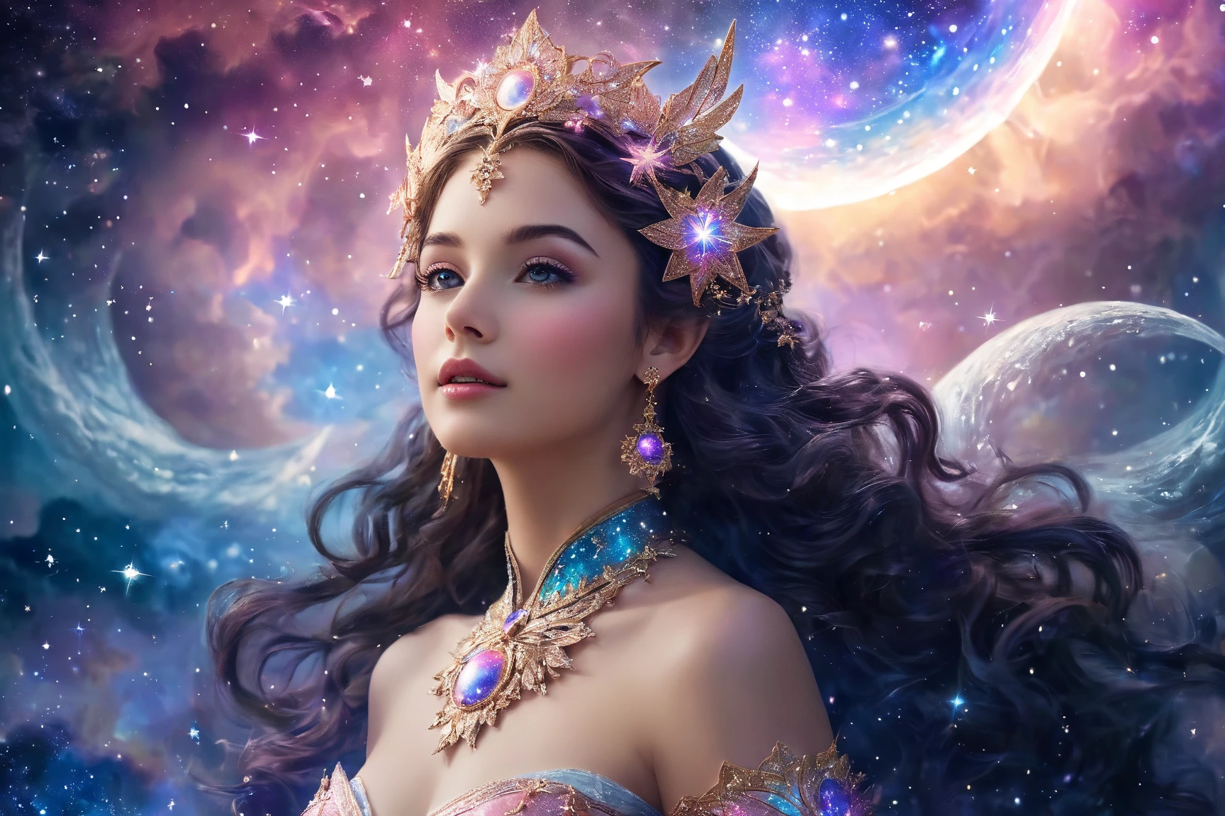 mulher arafida usando uma coroa de ouro e vestido azul, arte digital by Alexander Kucharsky, trends in cg society, arte digital, uma linda imperatriz de fantasia, ((uma linda imperatriz de fantasia)), Rainha e governante do universo, beauty pageant rendering, Cosmic royalty, retrato da rainha da luz, goddess of space and time, queen of the galaxy