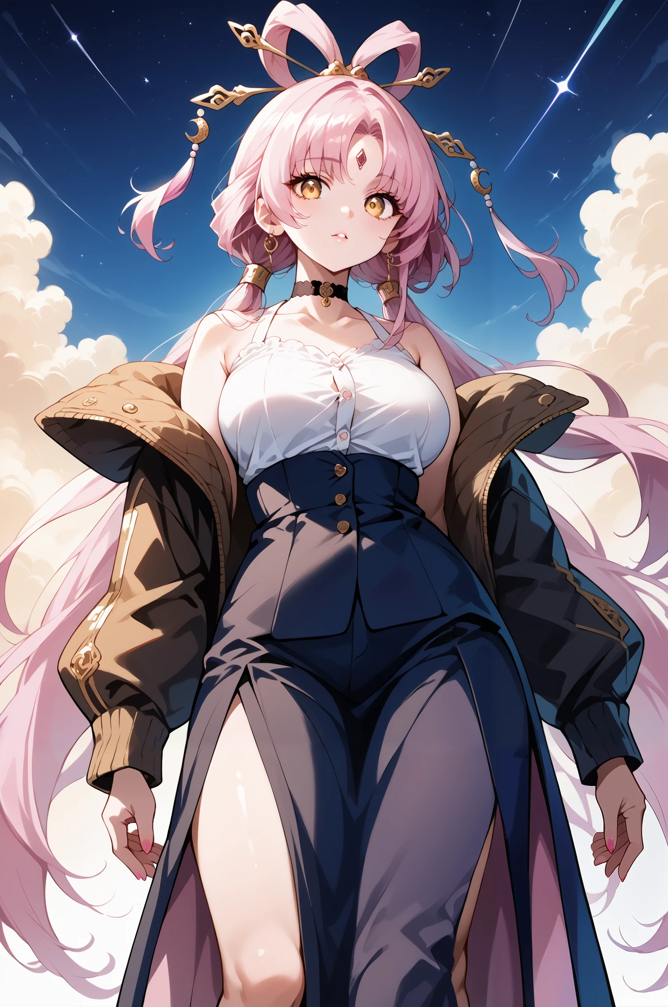 score_9, score_8_up, score_7_up, source_anime, 4K,perfect fingers,(perfect hands, perfect anatomy),prefect lighting, very aesthetic, intricate details,highly detailed background, masterpiece, high quality, best quality,
1girl,solo,fu xuan, pink hair, yellow eyes, bare shoulders, parted bangs, twin tails, bow-shaped hair, low twintails,Large Breast,
wearing (((Bronze formal jacket buttoned :1.2), button up jacket, choker, )),
standing,