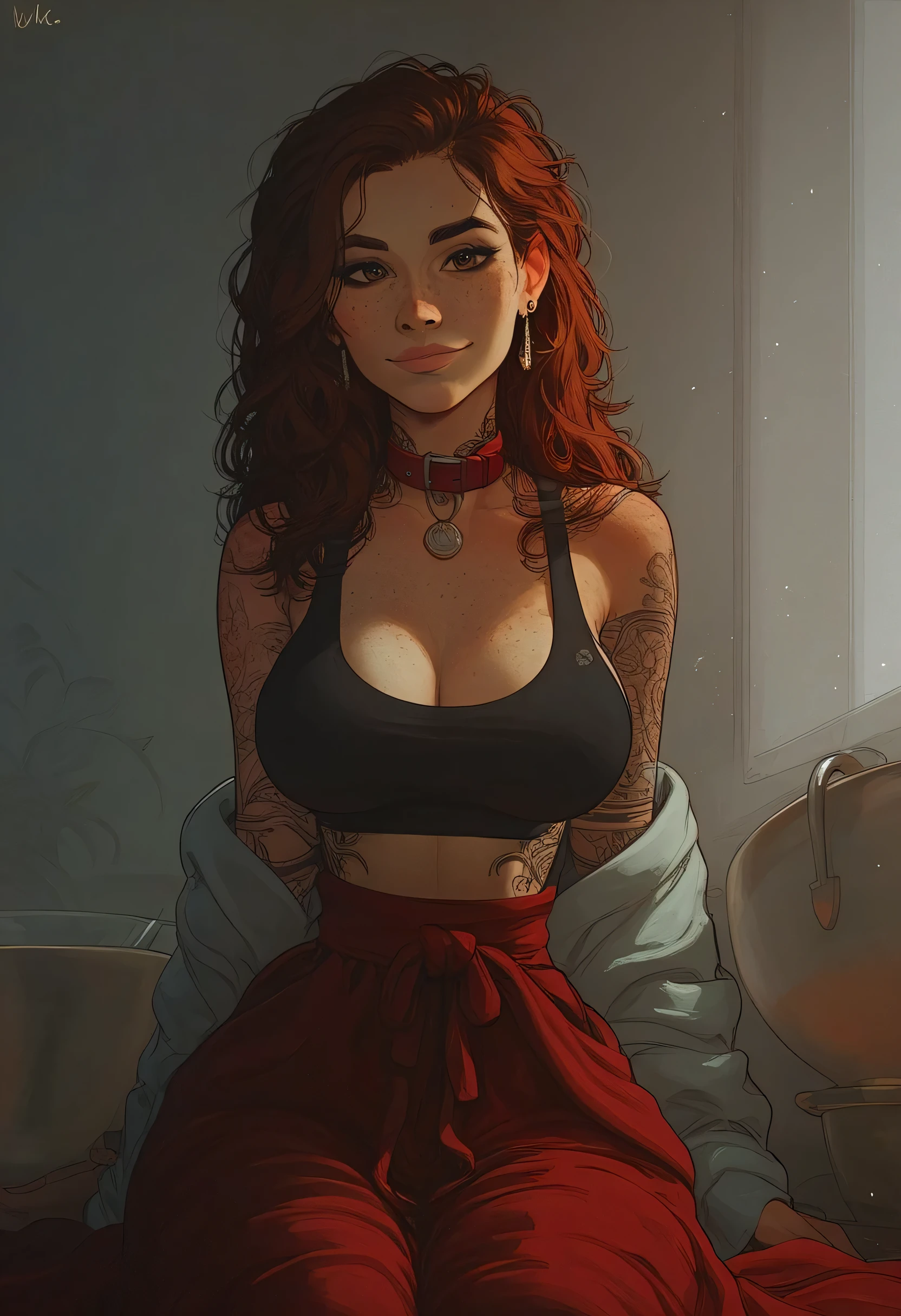 safe_pos, score 9, score 8, score 7, 1 woman, solo, ( adult girl), 36 years old, young, beautiful, gorgeous figure, brown eyes, loose hair, light smile, earrings, pendant, makeup, big, giant breasts, red robe, sports bra, sexy, skinny, wide hips, narrow waist, sexy body, toned, elastic body, deep neckline, dog collar on neck, tattoos, kitchen background, sexy body, freckles, high-quality image, detailing, kneeling body view, standing in kitchen, detailed body, detailed face,