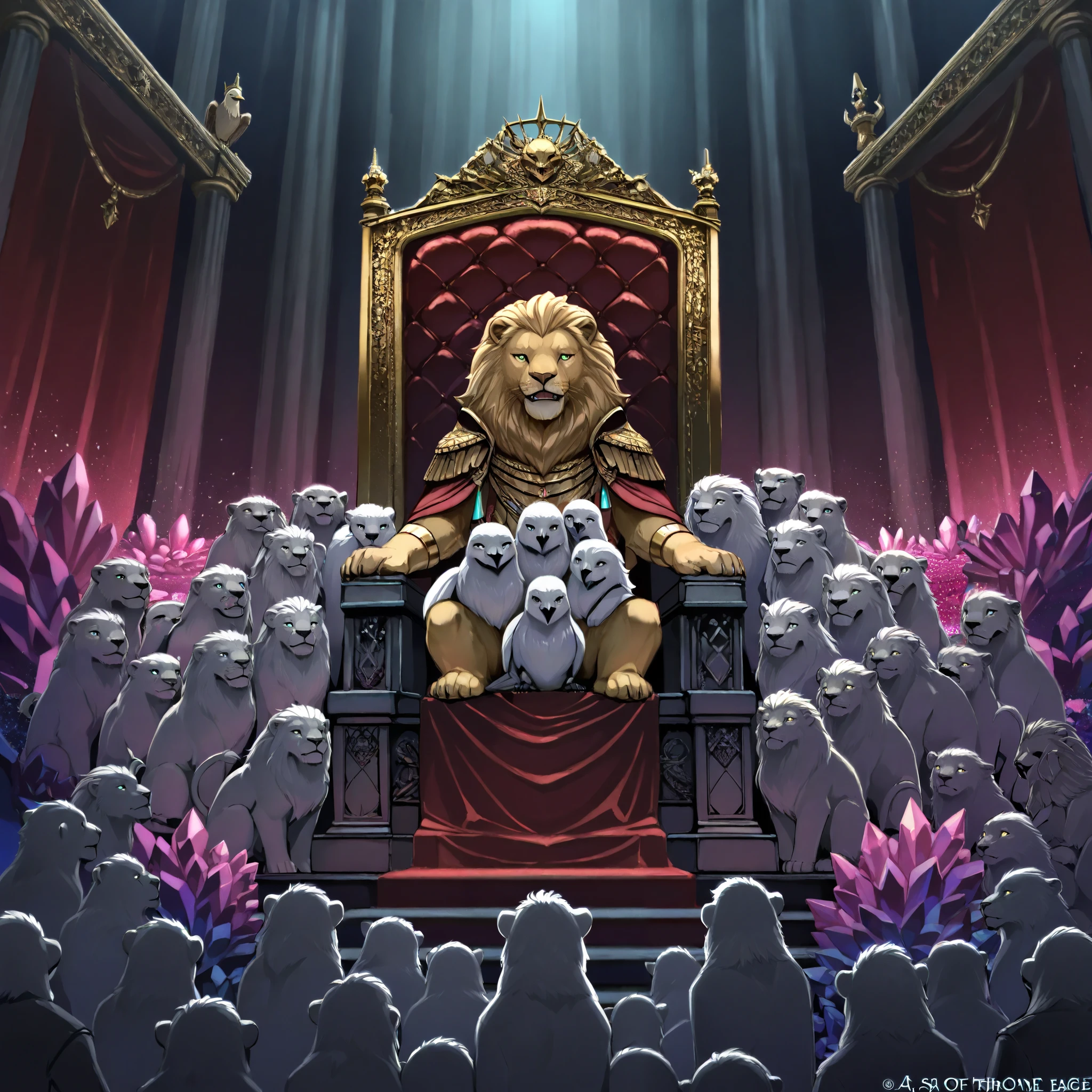 A sea of crystal, in the middle, a throne, surrounded by four creatures, one that looks like a lion, the oufra with a calf, the other with a human and the other with an eagle. E ao redor de a throne, twenty-four more thrones inhabited by elders