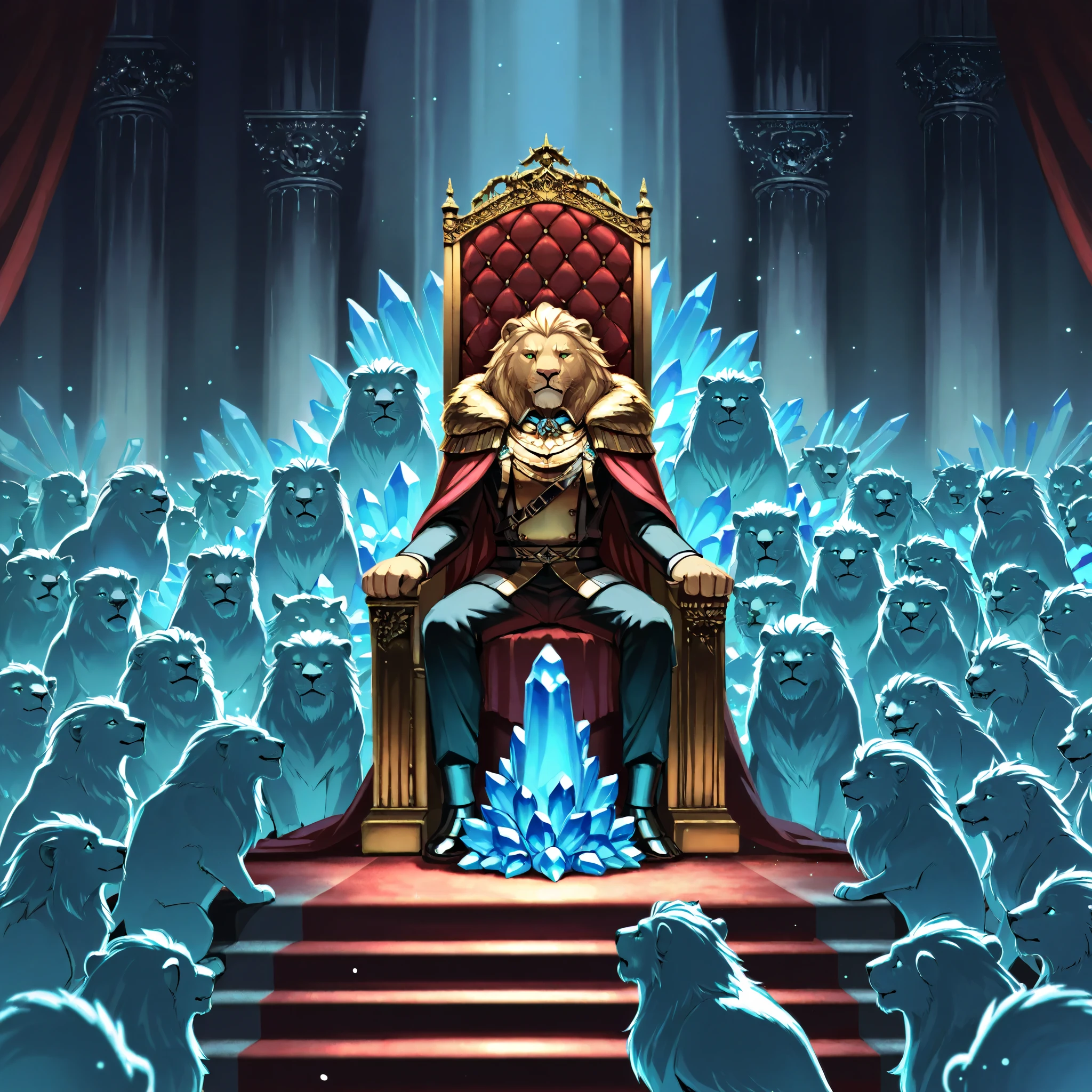 A sea of crystal, in the middle, a throne, surrounded by four creatures, one that looks like a lion, the oufra with a calf, the other with a human and the other with an eagle. E ao redor de a throne, twenty-four more thrones inhabited by elders